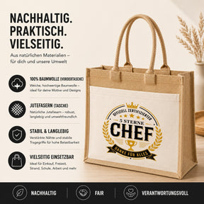 LIEBTASTISCH® Jutetasche Offiziell zertifizierter 5 Sterne Chef Danke für alles - Geschenk für Kollegin Kollege Jobwechsel Abschied - Jutebeutel bedruckt mit Spruch - Einkaufstasche Damen