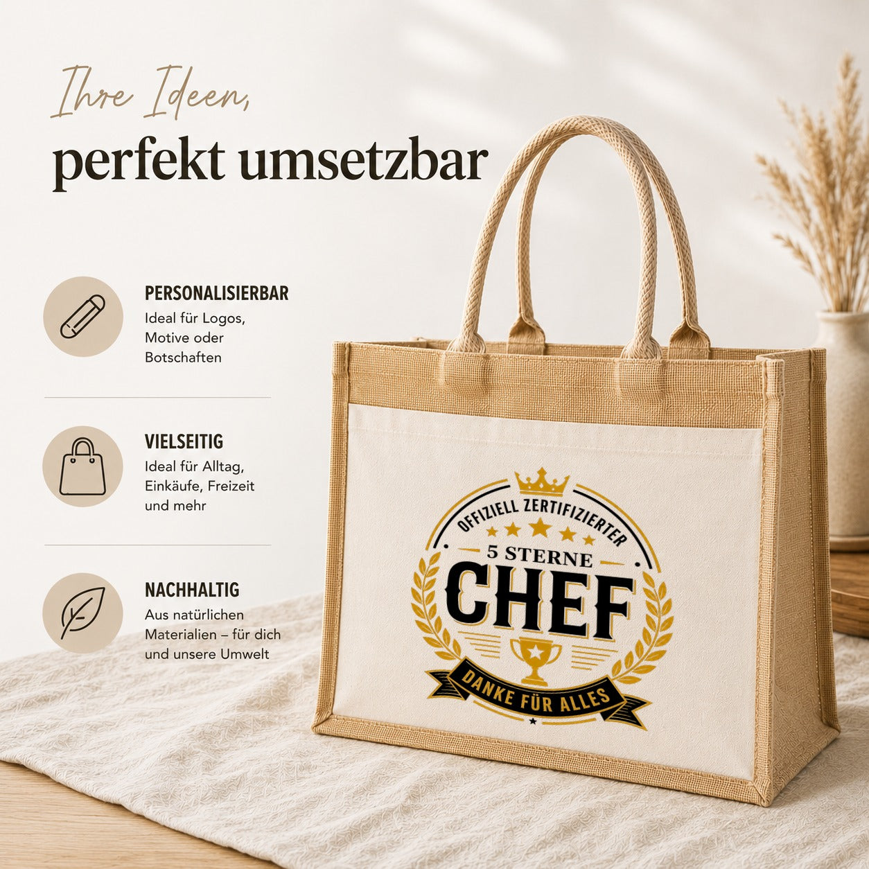 LIEBTASTISCH® Jutetasche Offiziell zertifizierter 5 Sterne Chef Danke für alles - Geschenk für Kollegin Kollege Jobwechsel Abschied - Jutebeutel bedruckt mit Spruch - Einkaufstasche Damen