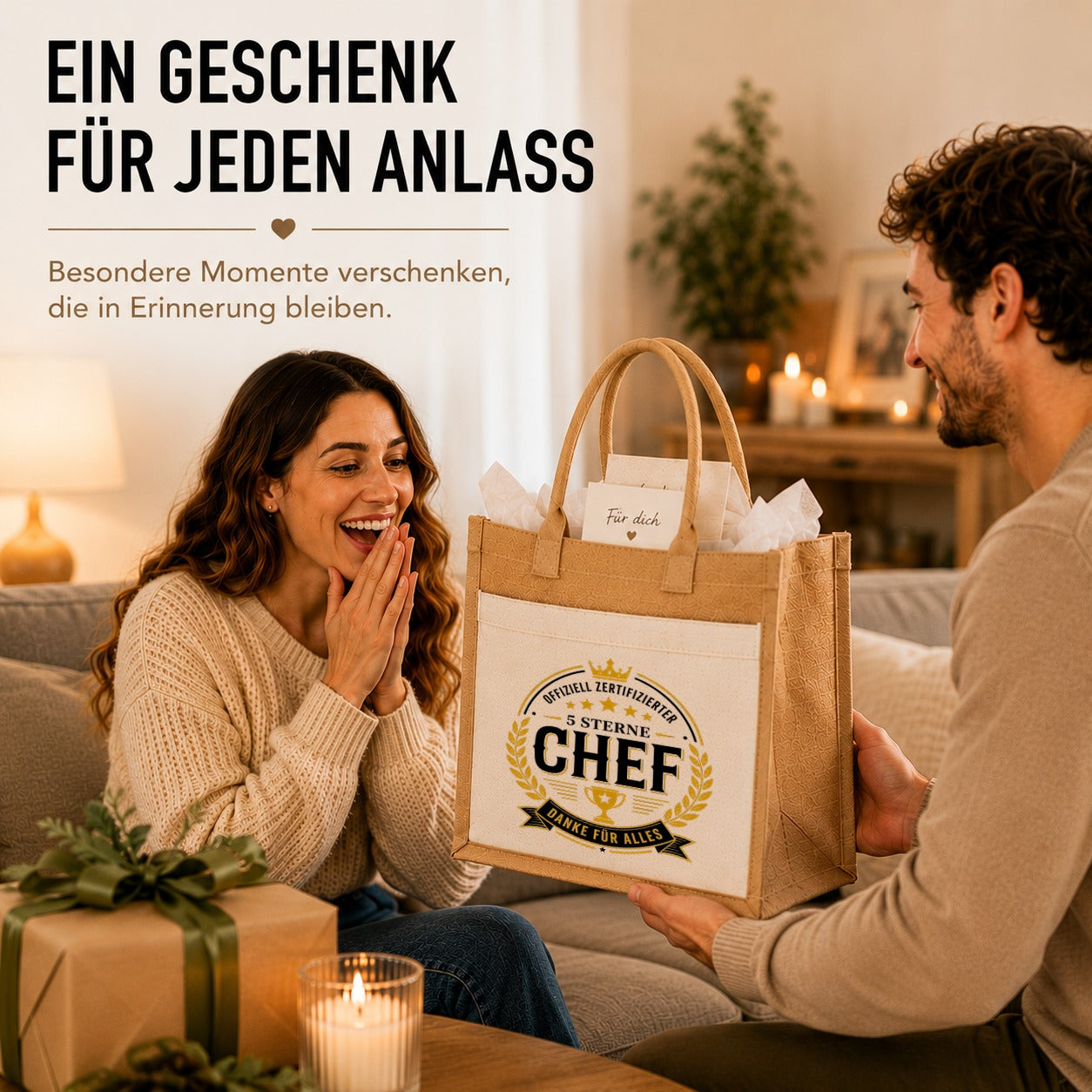 LIEBTASTISCH® Jutetasche Offiziell zertifizierter 5 Sterne Chef Danke für alles - Geschenk für Kollegin Kollege Jobwechsel Abschied - Jutebeutel bedruckt mit Spruch - Einkaufstasche Damen