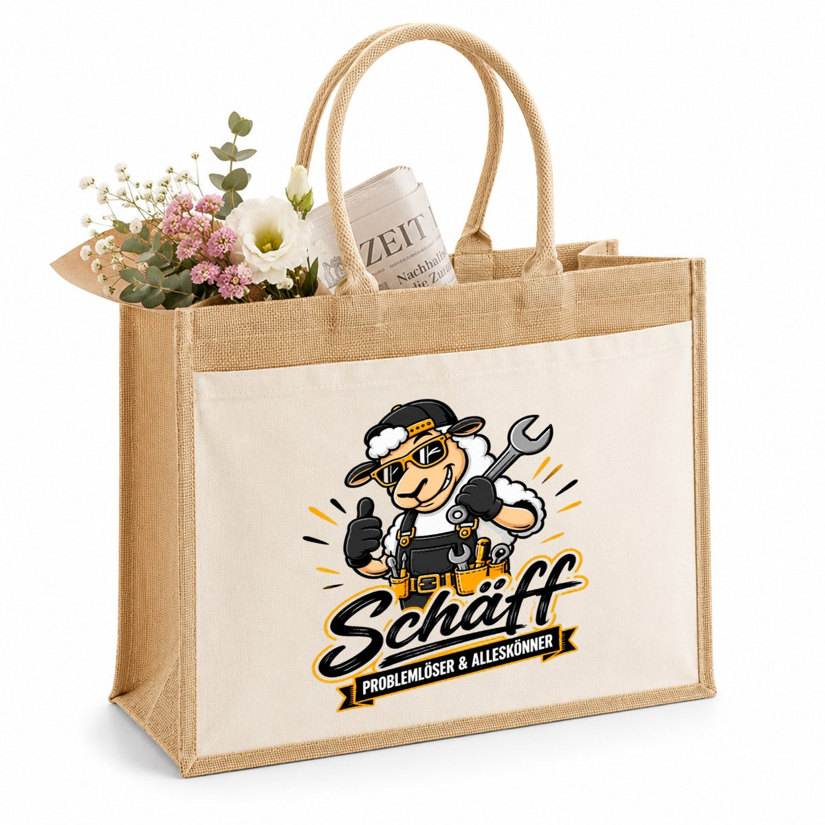 LIEBTASTISCH® Jutetasche Schäff - Problemlöser & Alleskönner - Jute Tasche Schaf Motiv lustig Spruch Tragetasche Beutel - Geschenk Handwerker Heimwerker - Einkaufstasche Shopper groß Stofftasche