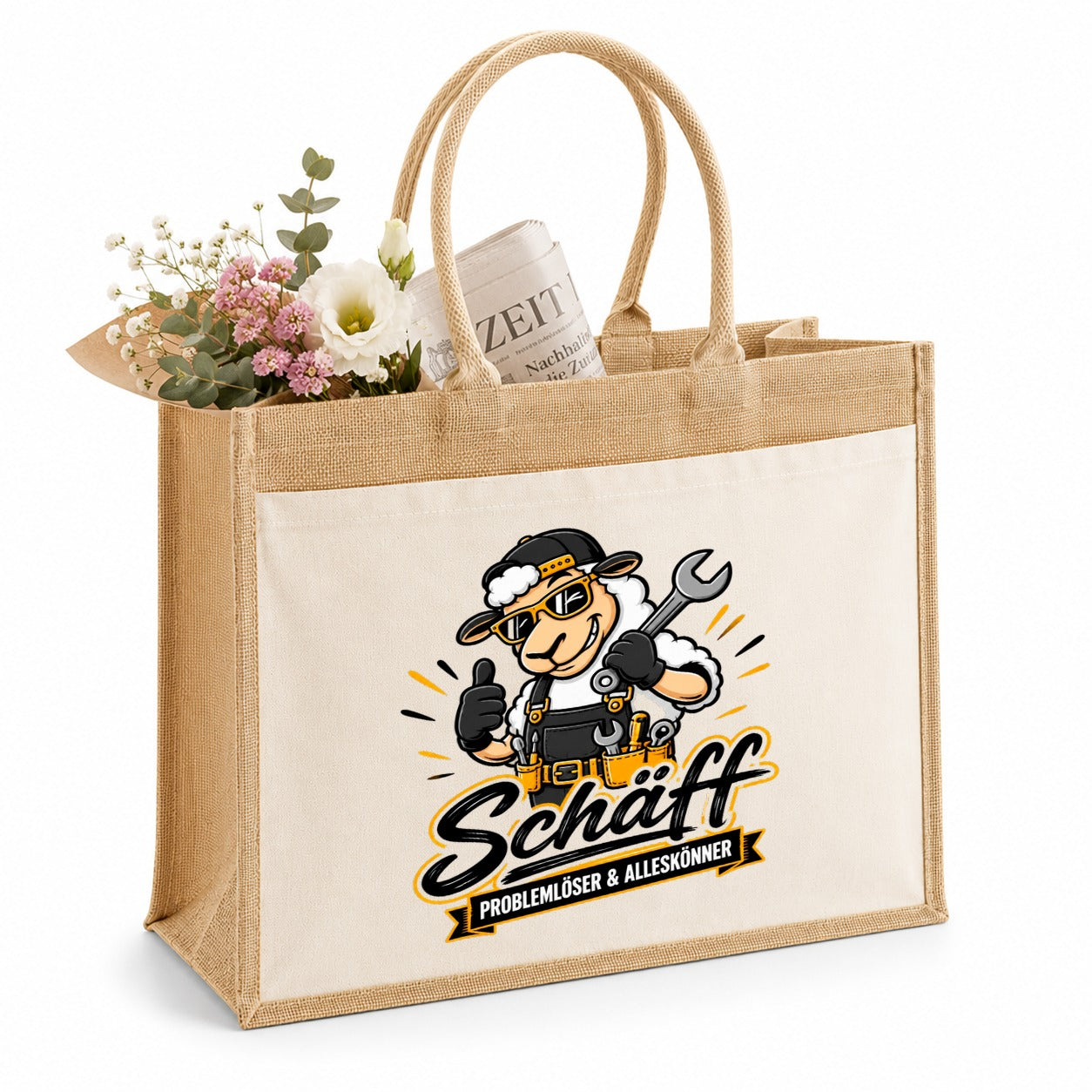 LIEBTASTISCH® Jutetasche Schäff - Problemlöser & Alleskönner - Jute Tasche Schaf Motiv lustig Spruch Tragetasche Beutel - Geschenk Handwerker Heimwerker - Einkaufstasche Shopper groß Stofftasche