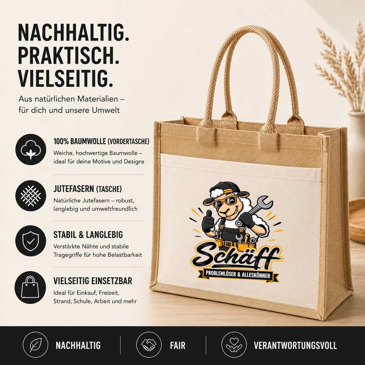 LIEBTASTISCH® Jutetasche Schäff - Problemlöser & Alleskönner - Jute Tasche Schaf Motiv lustig Spruch Tragetasche Beutel - Geschenk Handwerker Heimwerker - Einkaufstasche Shopper groß Stofftasche
