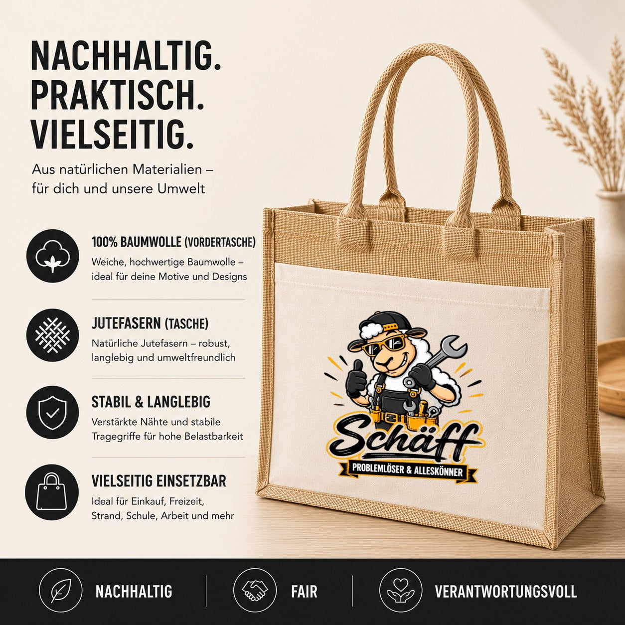 LIEBTASTISCH® Jutetasche Schäff - Problemlöser & Alleskönner - Jute Tasche Schaf Motiv lustig Spruch Tragetasche Beutel - Geschenk Handwerker Heimwerker - Einkaufstasche Shopper groß Stofftasche