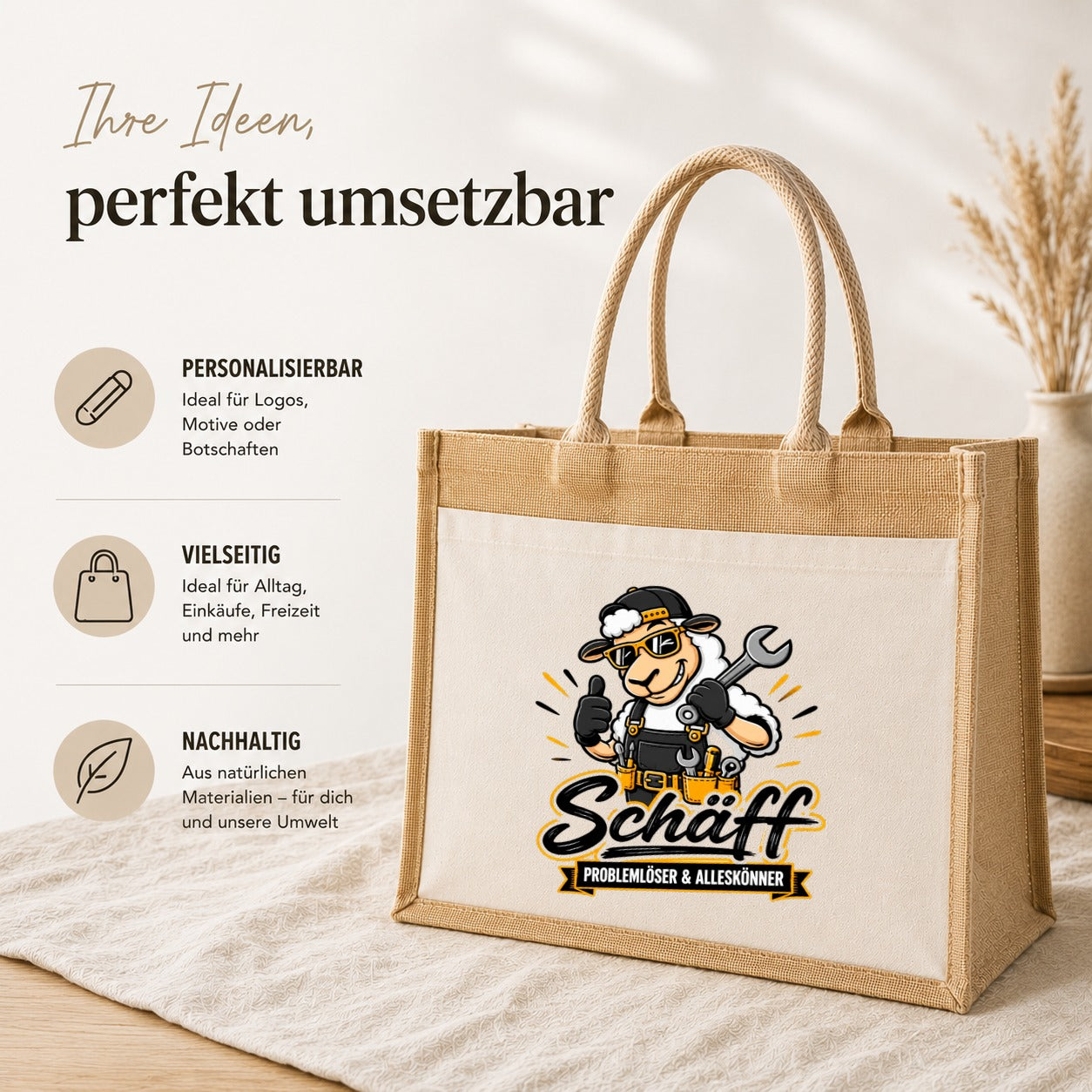 LIEBTASTISCH® Jutetasche Schäff - Problemlöser & Alleskönner - Jute Tasche Schaf Motiv lustig Spruch Tragetasche Beutel - Geschenk Handwerker Heimwerker - Einkaufstasche Shopper groß Stofftasche