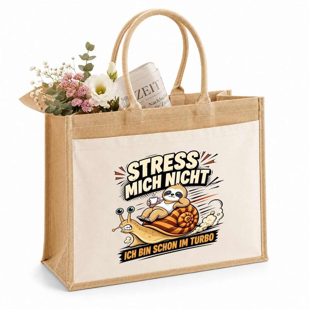 LIEBTASTISCH® Jutetasche Stress mich nicht ich bin schon im Turbo - Stofftasche Beutel bedruckt mit Spruch lustig Faultier - Geschenk für Frauen Damen Freundin Mama - Einkaufstasche Shopper groß