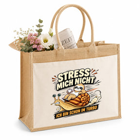 LIEBTASTISCH® Jutetasche Stress mich nicht ich bin schon im Turbo - Stofftasche Beutel bedruckt mit Spruch lustig Faultier - Geschenk für Frauen Damen Freundin Mama - Einkaufstasche Shopper groß