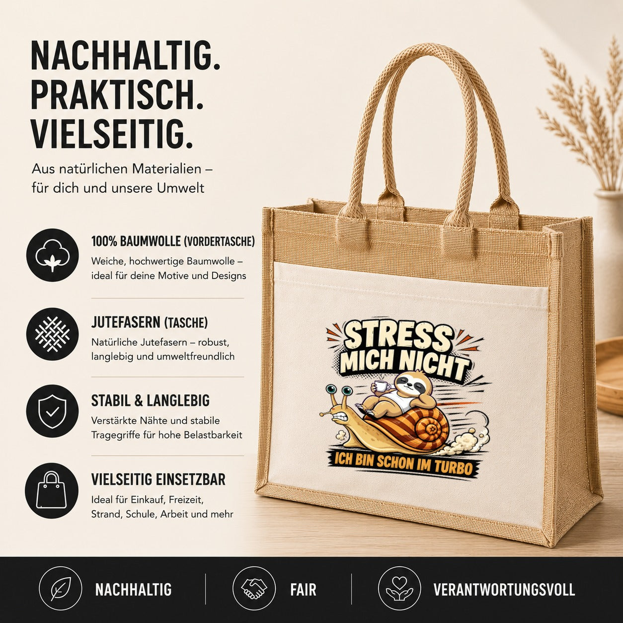 LIEBTASTISCH® Jutetasche Stress mich nicht ich bin schon im Turbo - Stofftasche Beutel bedruckt mit Spruch lustig Faultier - Geschenk für Frauen Damen Freundin Mama - Einkaufstasche Shopper groß
