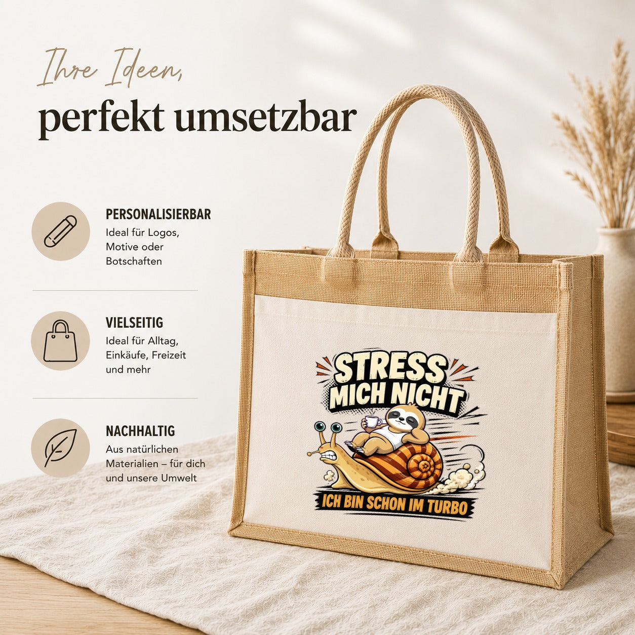 LIEBTASTISCH® Jutetasche Stress mich nicht ich bin schon im Turbo - Stofftasche Beutel bedruckt mit Spruch lustig Faultier - Geschenk für Frauen Damen Freundin Mama - Einkaufstasche Shopper groß
