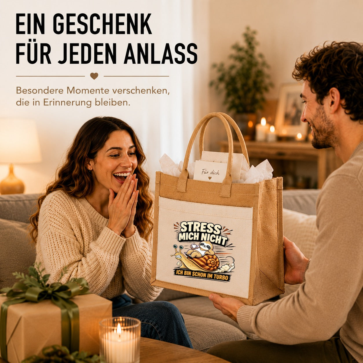 LIEBTASTISCH® Jutetasche Stress mich nicht ich bin schon im Turbo - Stofftasche Beutel bedruckt mit Spruch lustig Faultier - Geschenk für Frauen Damen Freundin Mama - Einkaufstasche Shopper groß