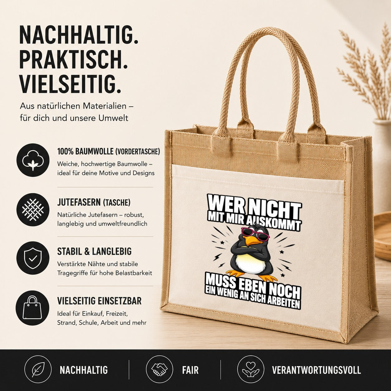 LIEBTASTISCH® Jutetasche Wer nicht mit mir auskommt muss eben noch ein wenig an sich arbeiten - Stofftasche mit Spruch lustig für Frauen - Geschenke Geschenkideen Freundin - Einkaufstasche Beutel