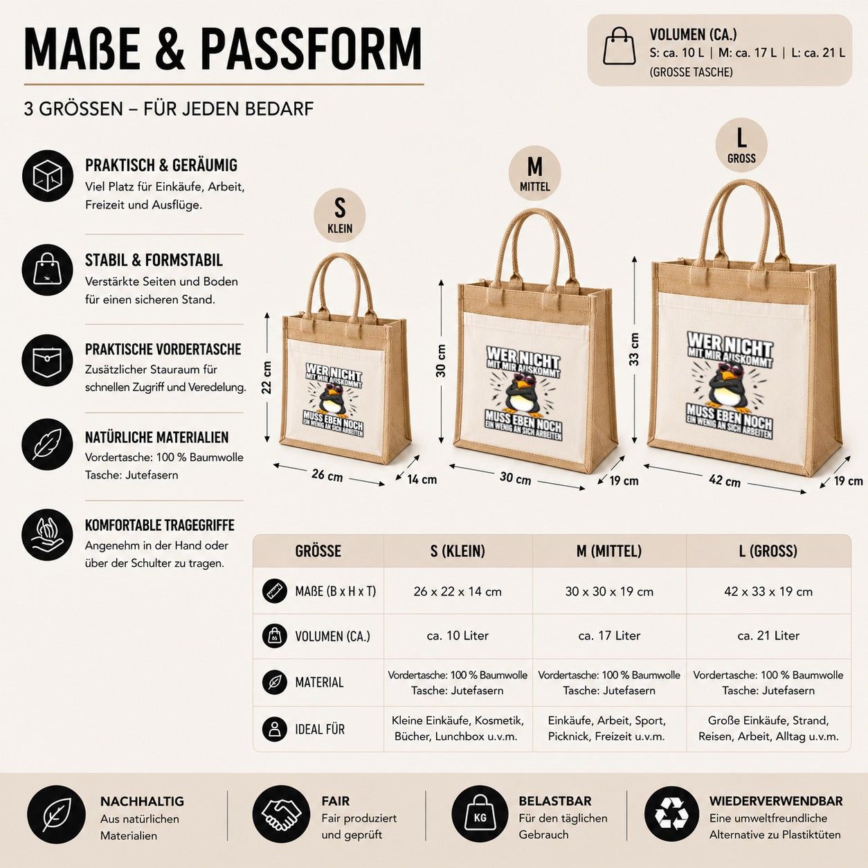 LIEBTASTISCH® Jutetasche Wer nicht mit mir auskommt muss eben noch ein wenig an sich arbeiten - Stofftasche mit Spruch lustig für Frauen - Geschenke Geschenkideen Freundin - Einkaufstasche Beutel
