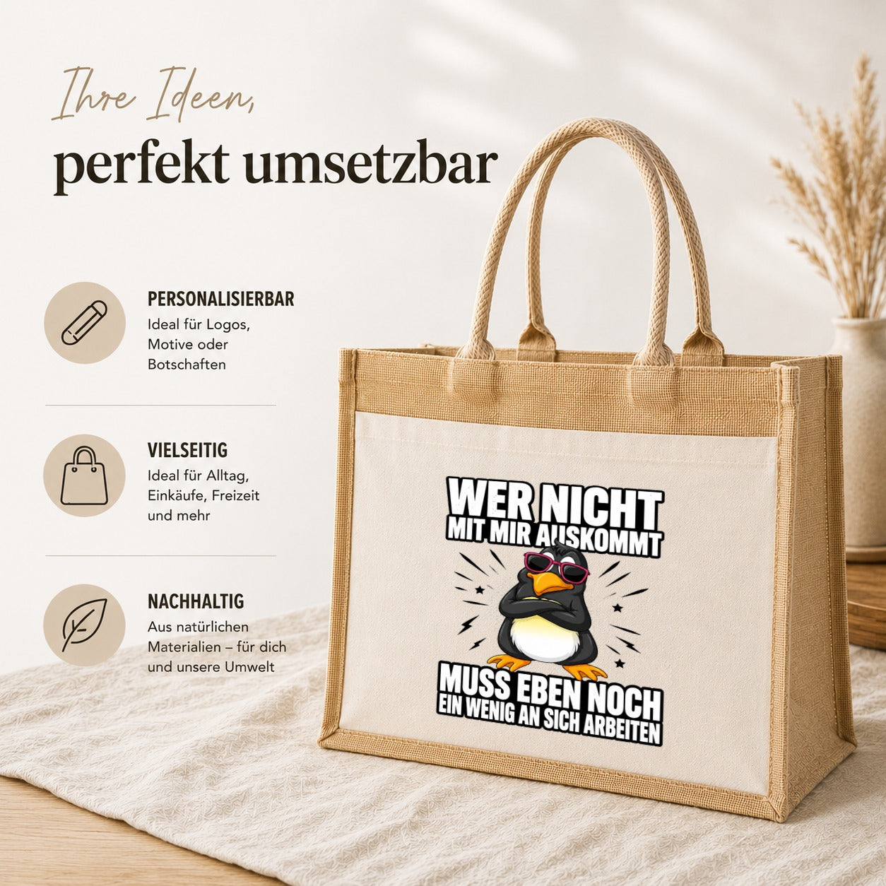 LIEBTASTISCH® Jutetasche Wer nicht mit mir auskommt muss eben noch ein wenig an sich arbeiten - Stofftasche mit Spruch lustig für Frauen - Geschenke Geschenkideen Freundin - Einkaufstasche Beutel