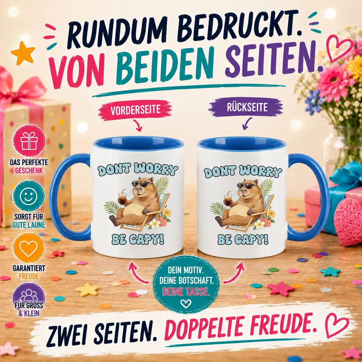 LIEBTASTISCH® Tasse mit Spruch - Dont worry be capy! - lustige Capybara Kaffeetasse Geschenk für Frauen Männer - Schöne Tassen - Spielzeug - Cabybara - Wasserschwein - {FARBE}