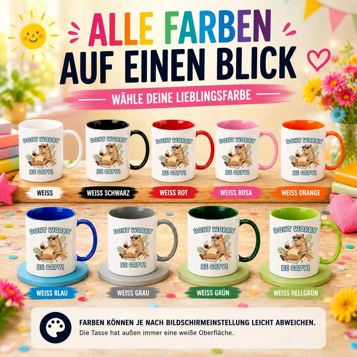 LIEBTASTISCH® Tasse mit Spruch - Dont worry be capy! - lustige Capybara Kaffeetasse Geschenk für Frauen Männer - Schöne Tassen - Spielzeug - Cabybara - Wasserschwein - {FARBE}