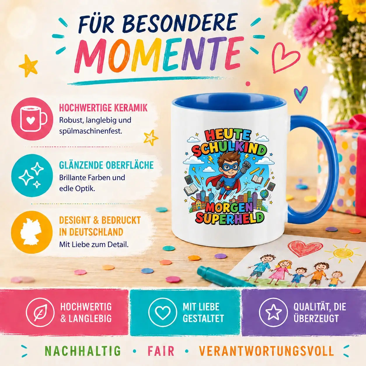 LIEBTASTISCH® Tasse mit Spruch - Heute Schulkind morgen Superheld - lustige Kaffeetasse Einschulung Geschenk Schulanfang Schulkind 2026 - Tschüss Grundschule - {FARBE}