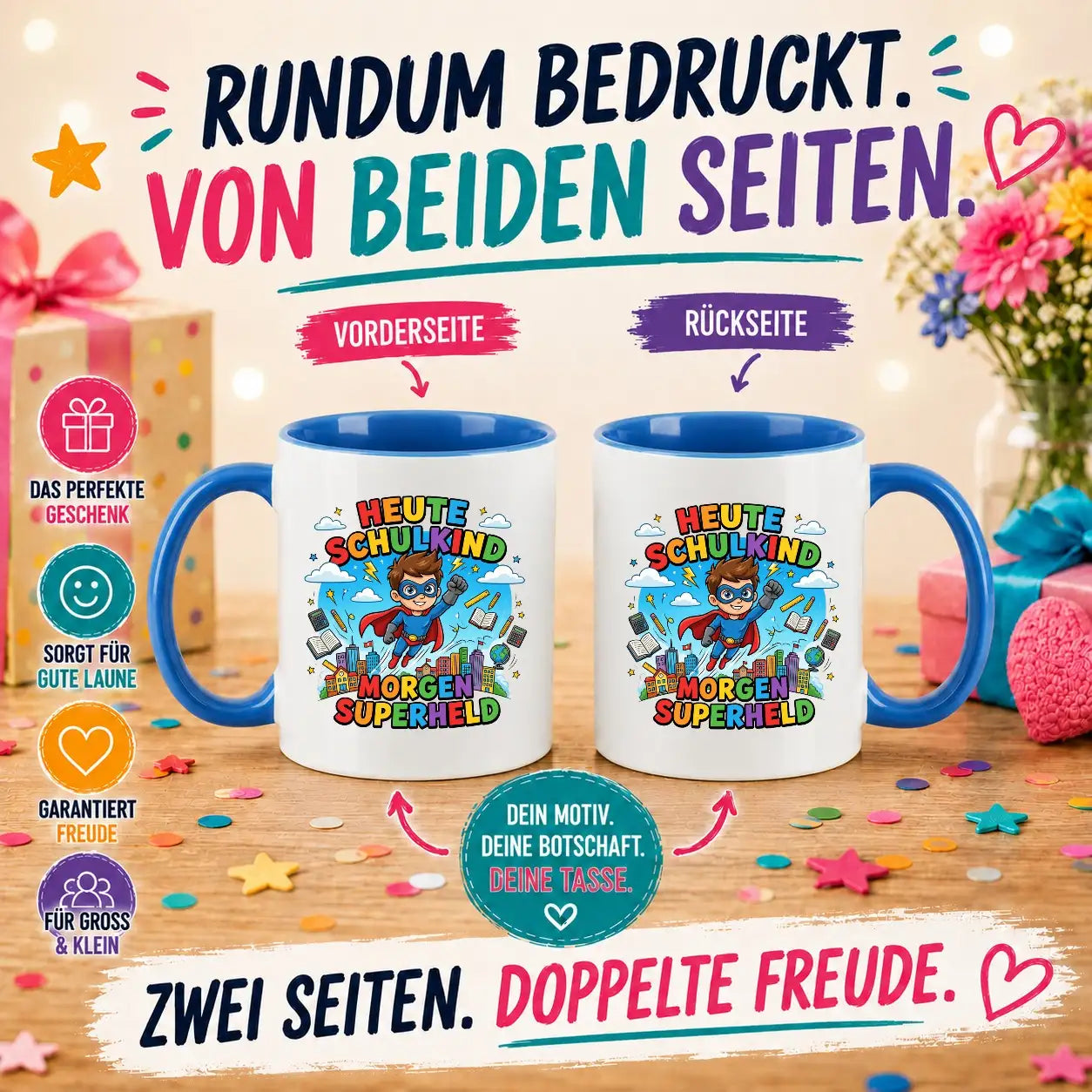LIEBTASTISCH® Tasse mit Spruch - Heute Schulkind morgen Superheld - lustige Kaffeetasse Einschulung Geschenk Schulanfang Schulkind 2026 - Tschüss Grundschule - {FARBE}