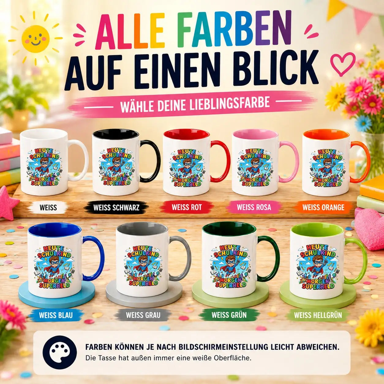 LIEBTASTISCH® Tasse mit Spruch - Heute Schulkind morgen Superheld - lustige Kaffeetasse Einschulung Geschenk Schulanfang Schulkind 2026 - Tschüss Grundschule - {FARBE}