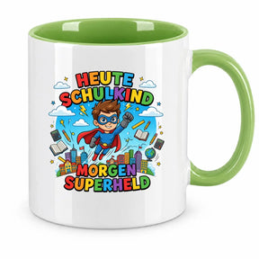 LIEBTASTISCH® Tasse mit Spruch - Heute Schulkind morgen Superheld - lustige Kaffeetasse Einschulung Geschenk Schulanfang Schulkind 2026 - Tschüss Grundschule - {FARBE}