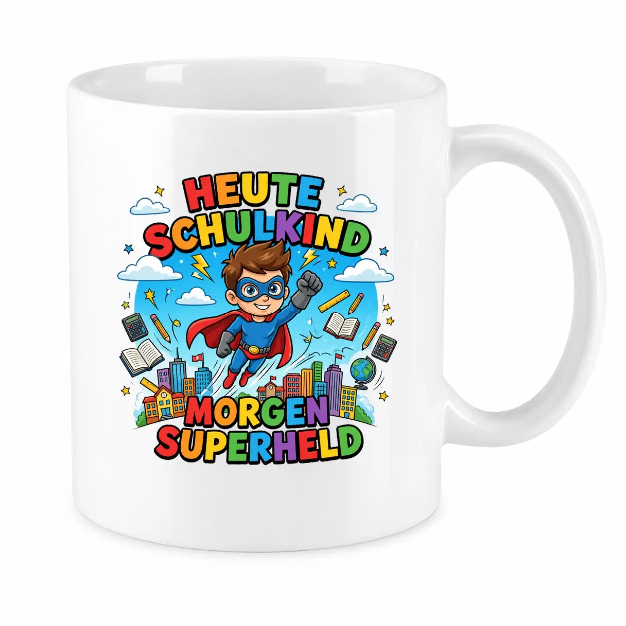 LIEBTASTISCH® Tasse mit Spruch - Heute Schulkind morgen Superheld - lustige Kaffeetasse Einschulung Geschenk Schulanfang Schulkind 2026 - Tschüss Grundschule - {FARBE}