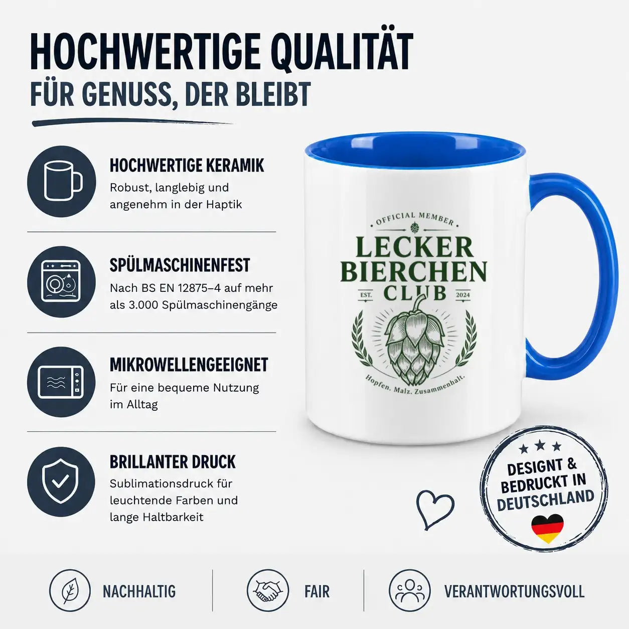 LIEBTASTISCH® Tasse mit Spruch - Official Member Lecker Bierchen Club Est. 2024 Hopfen. Malz - lustige Kaffeetasse Bier Geschenk für Männer - Sauf Tshirt - {FARBE}