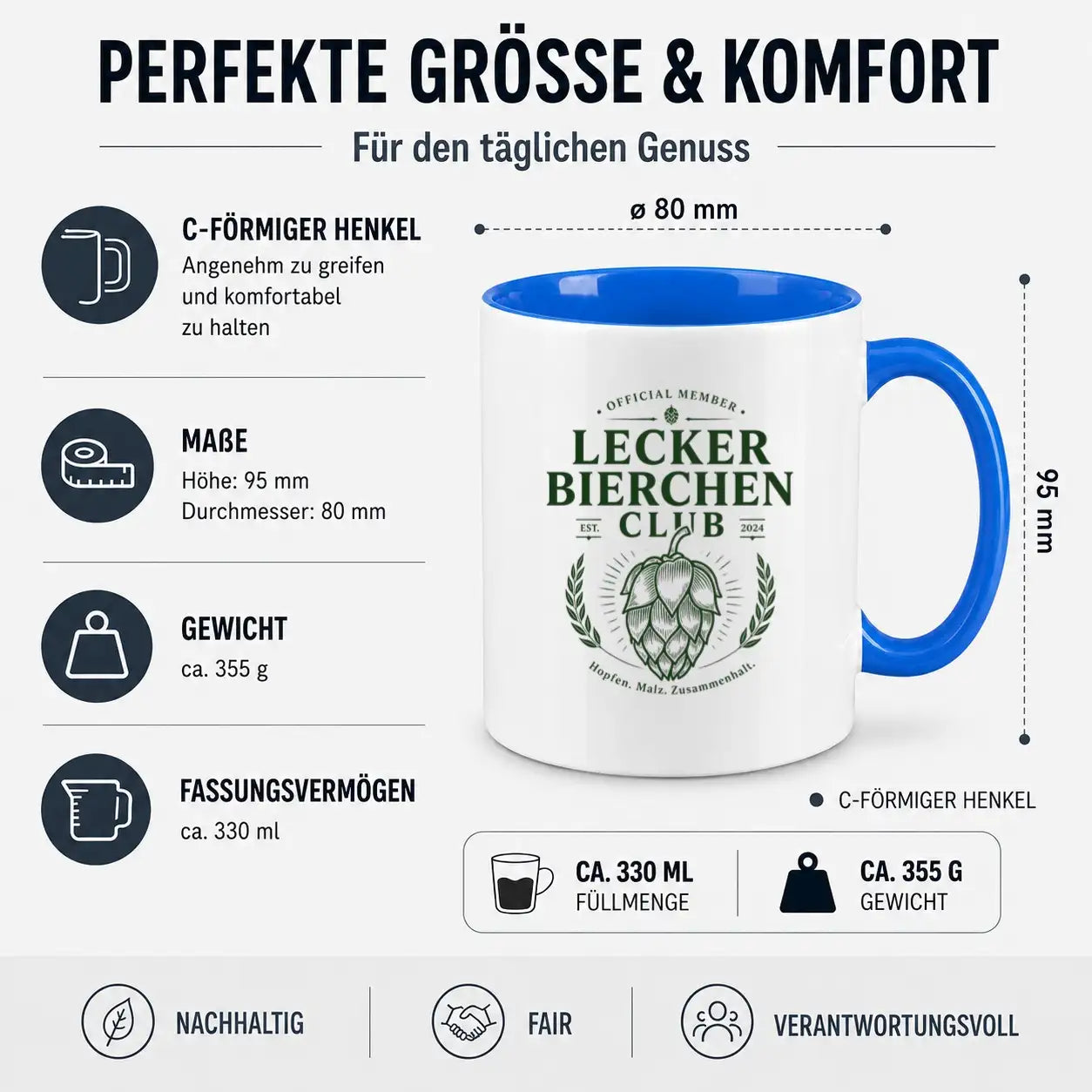LIEBTASTISCH® Tasse mit Spruch - Official Member Lecker Bierchen Club Est. 2024 Hopfen. Malz - lustige Kaffeetasse Bier Geschenk für Männer - Sauf Tshirt - {FARBE}
