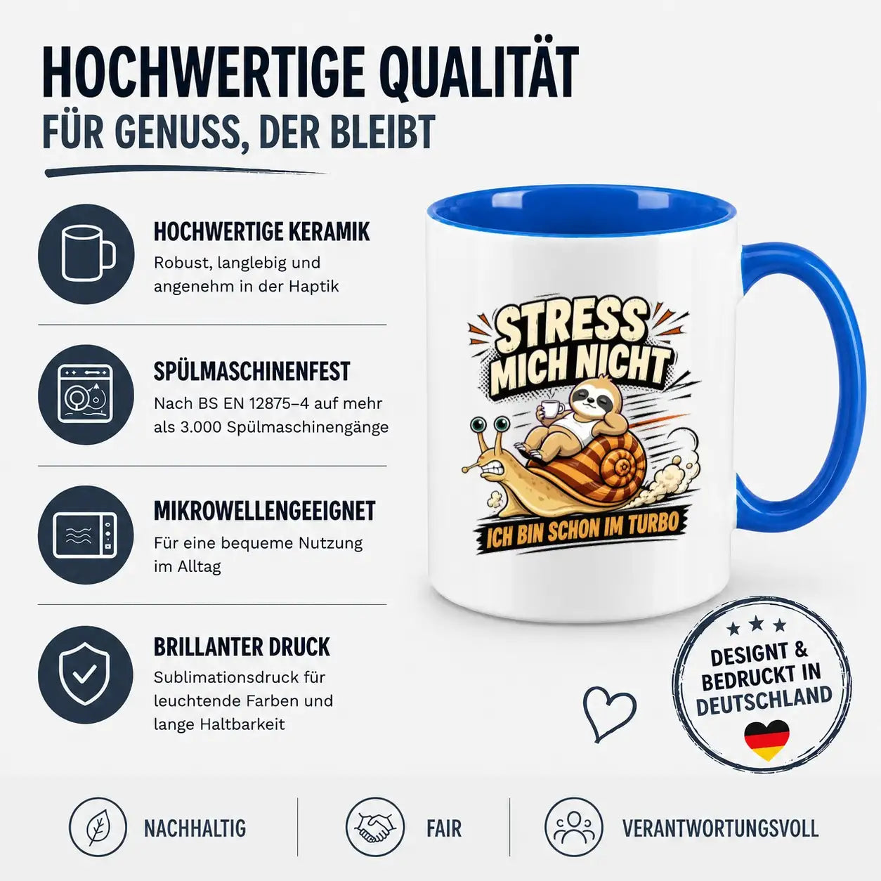 LIEBTASTISCH® Tasse mit Spruch - Stress mich nicht ich bin schon im Turbo - lustige Kaffeetasse Faultier Schnecke Relax - Tassen Mit Sprüchen - Bürotasse - {FARBE}
