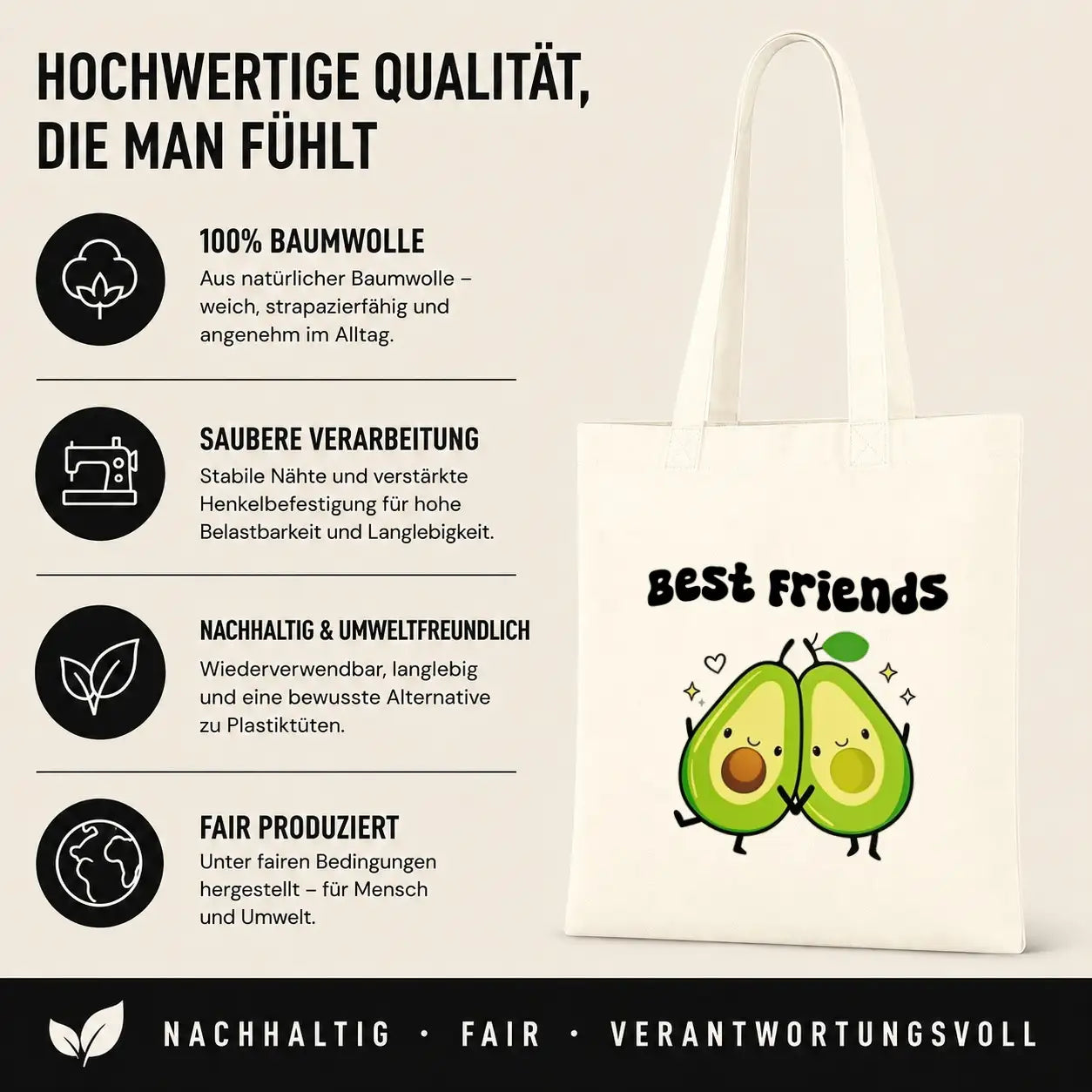 LIEBTASTISCH® Baumwolltasche Best Friends - Stofftasche Einkaufsbeutel für Damen mit Avocado Motiv - Geschenk beste Freundin Herzensmensch - Geschenke Für - {FARBE}