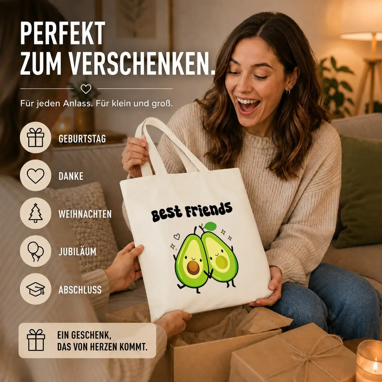 LIEBTASTISCH® Baumwolltasche Best Friends - Stofftasche Einkaufsbeutel für Damen mit Avocado Motiv - Geschenk beste Freundin Herzensmensch - Geschenke Für - {FARBE}