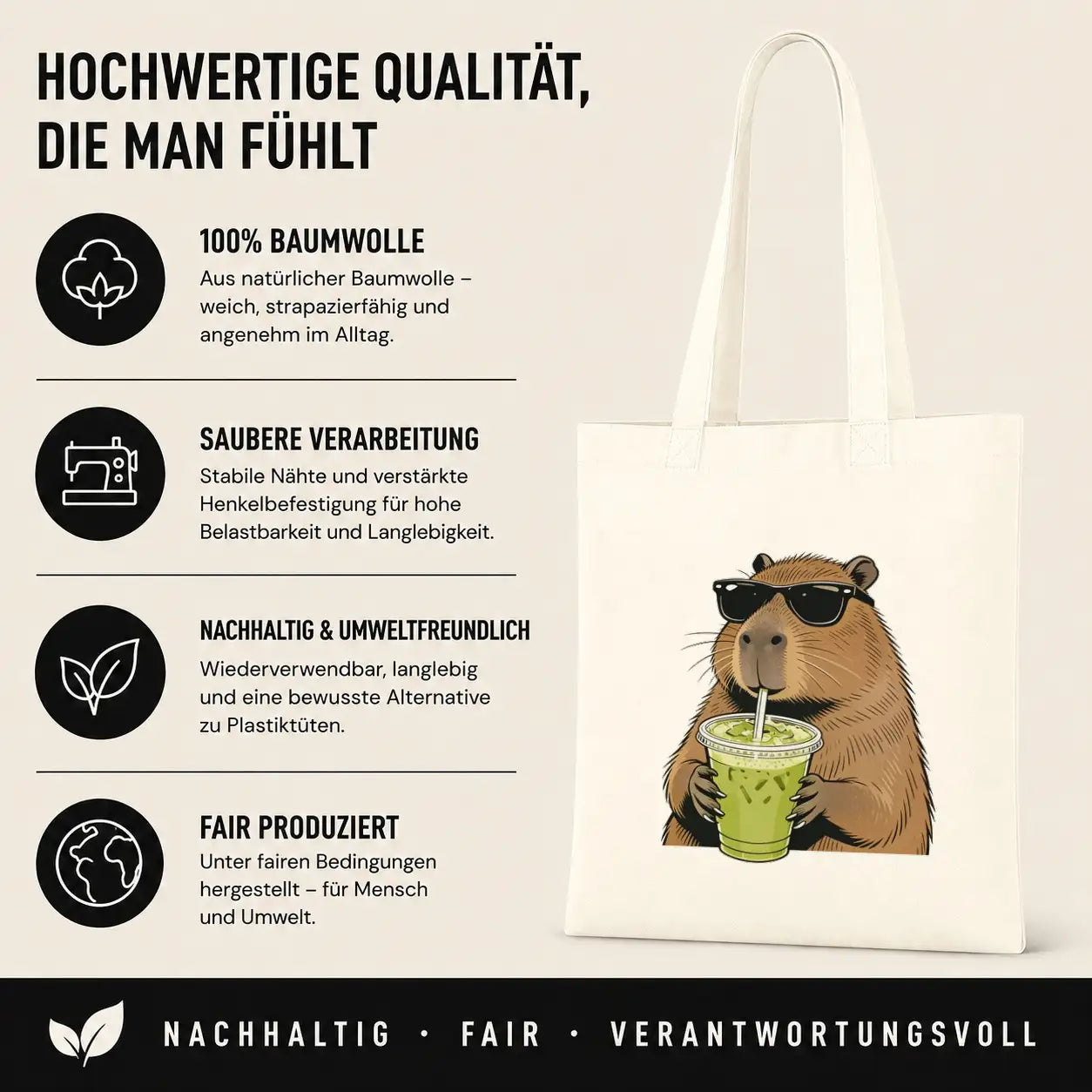 Baumwolltasche - Capybara mit Matcha-Drink und Sonnenbrille