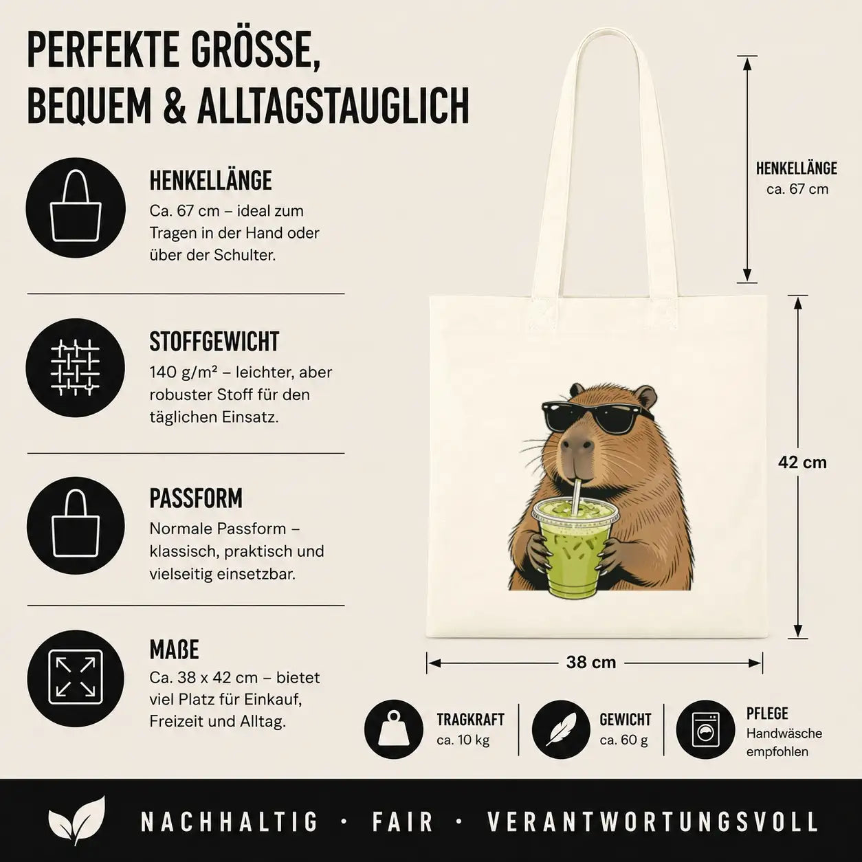 Baumwolltasche - Capybara mit Matcha-Drink und Sonnenbrille
