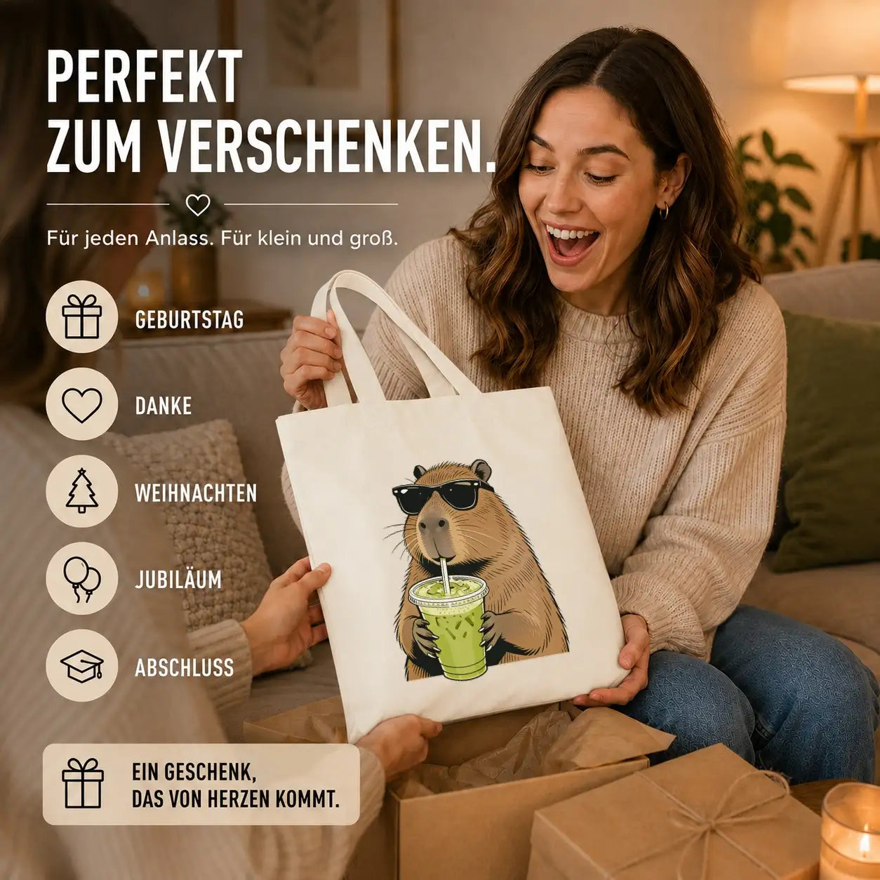 Baumwolltasche - Capybara mit Matcha-Drink und Sonnenbrille
