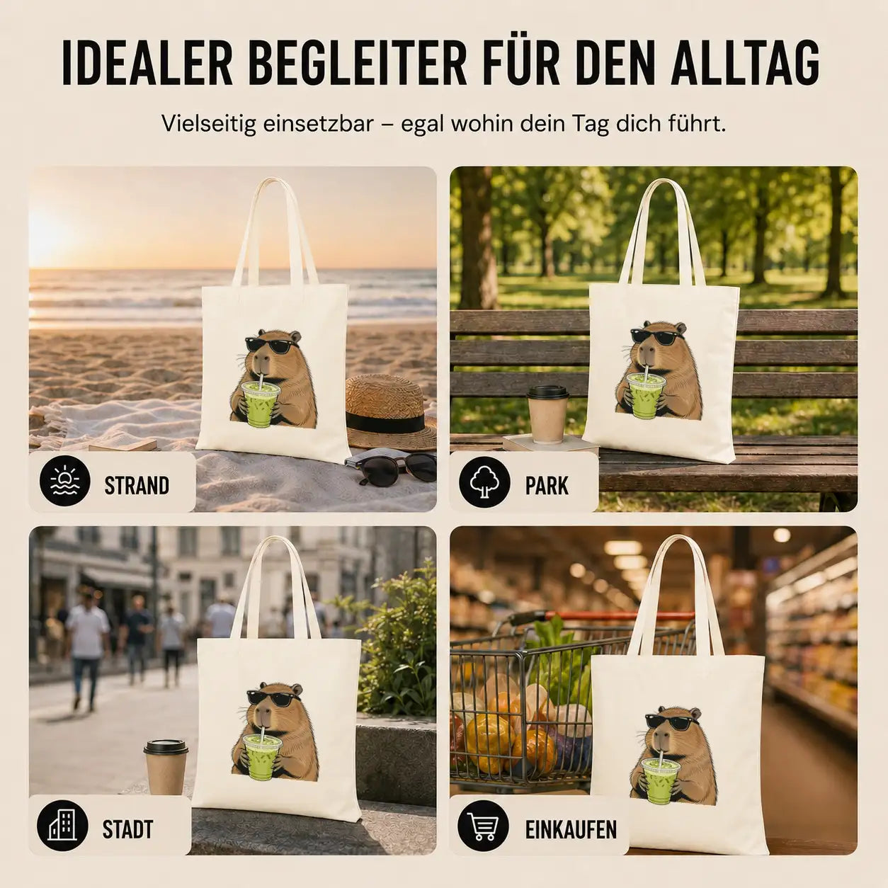 Baumwolltasche - Capybara mit Matcha-Drink und Sonnenbrille