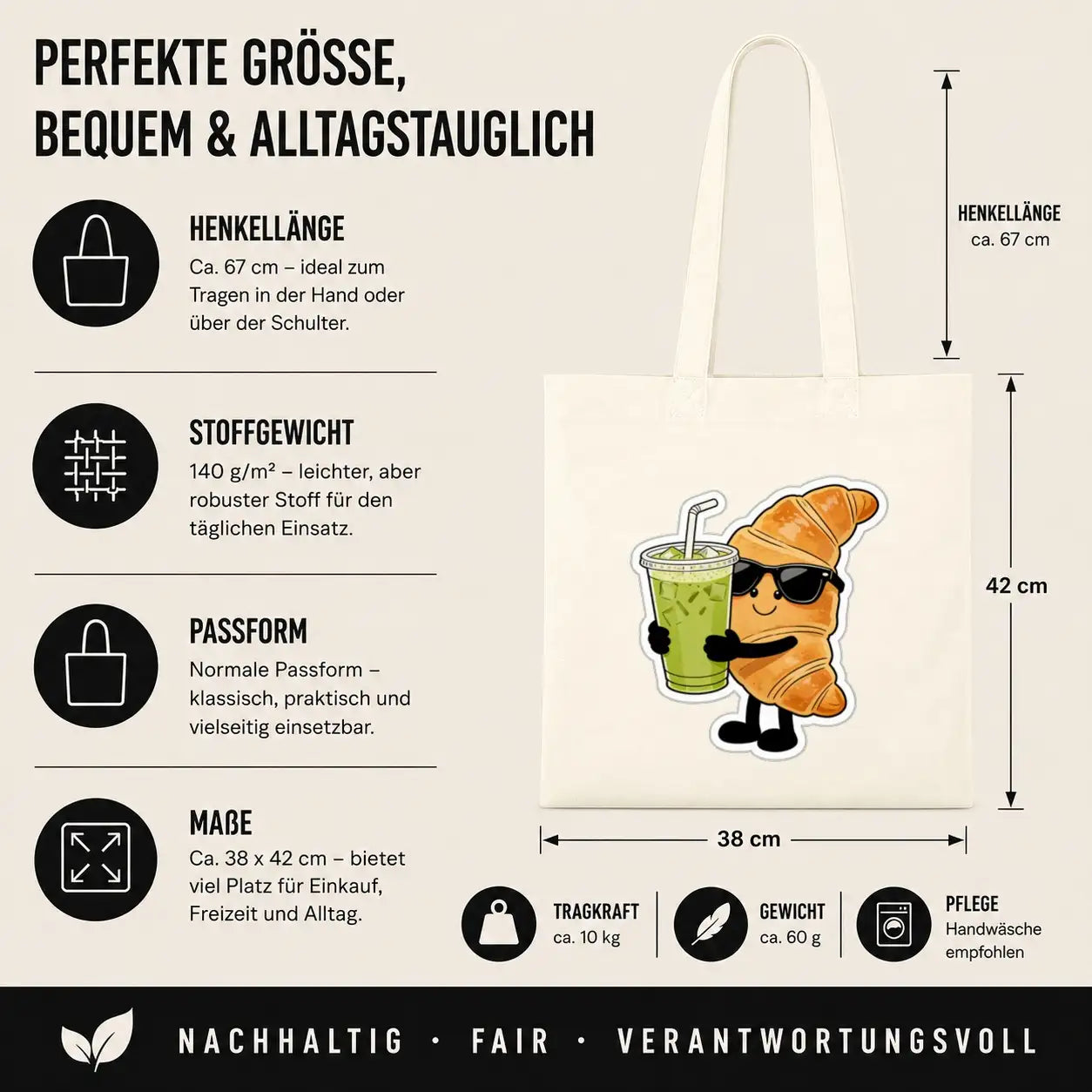 Baumwolltasche - Croissant mit Sonnenbrille Getränk