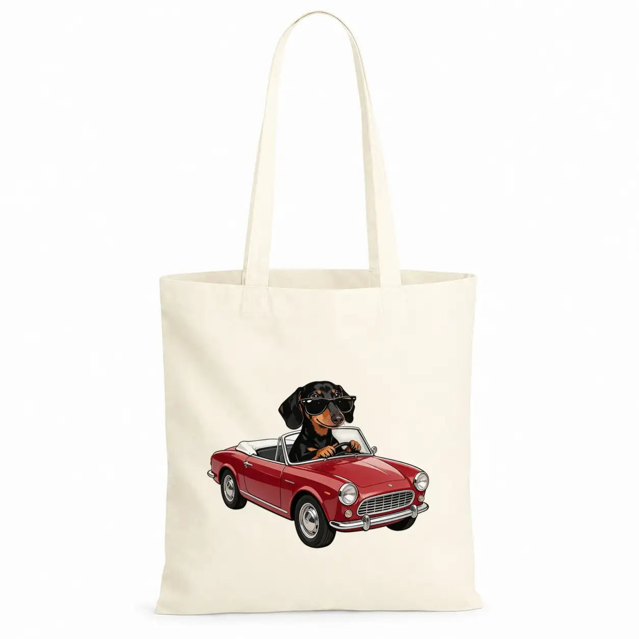 Baumwolltasche - Dackel mit Sonnenbrille im Auto