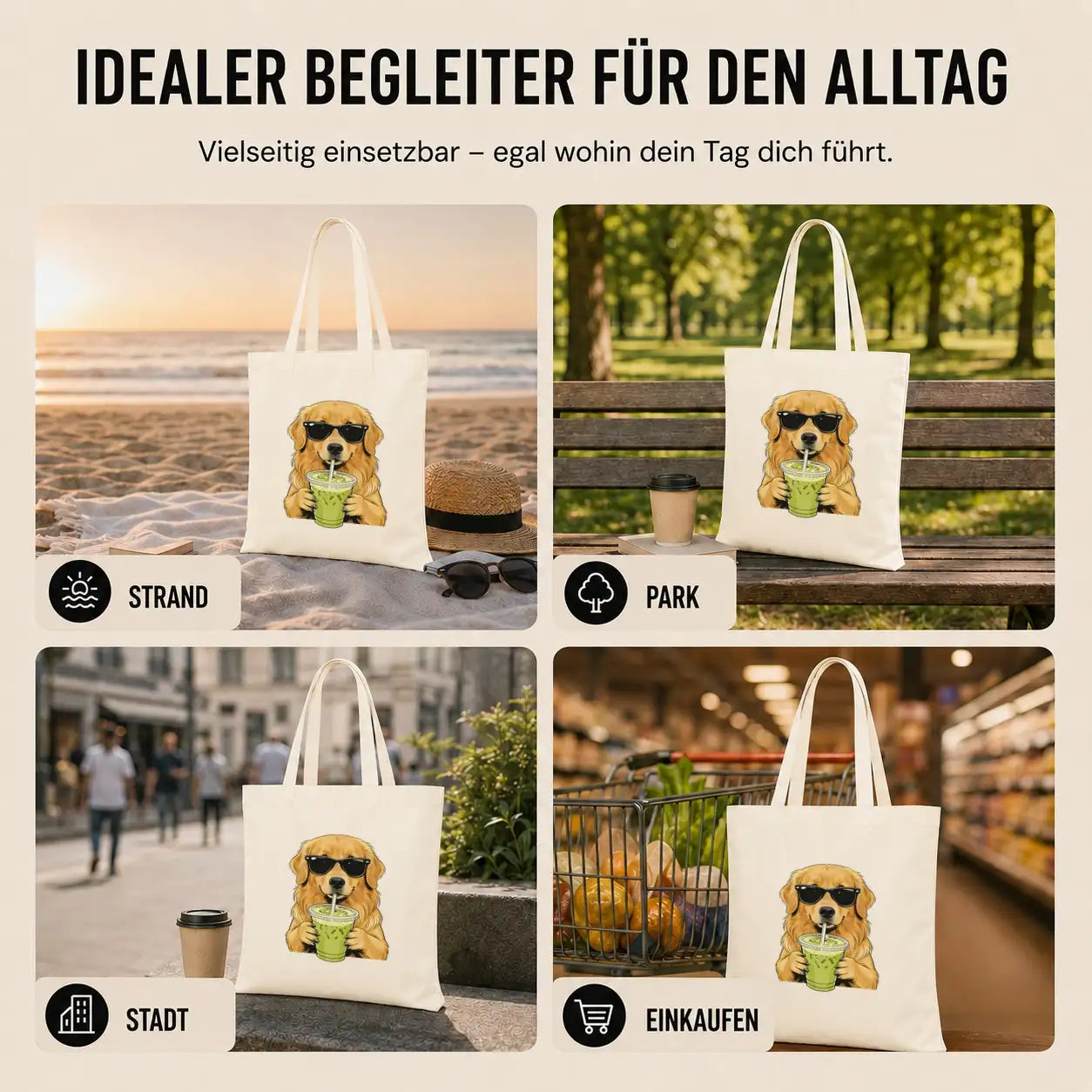 Baumwolltasche - Golden Retriever mit Sonnenbrille