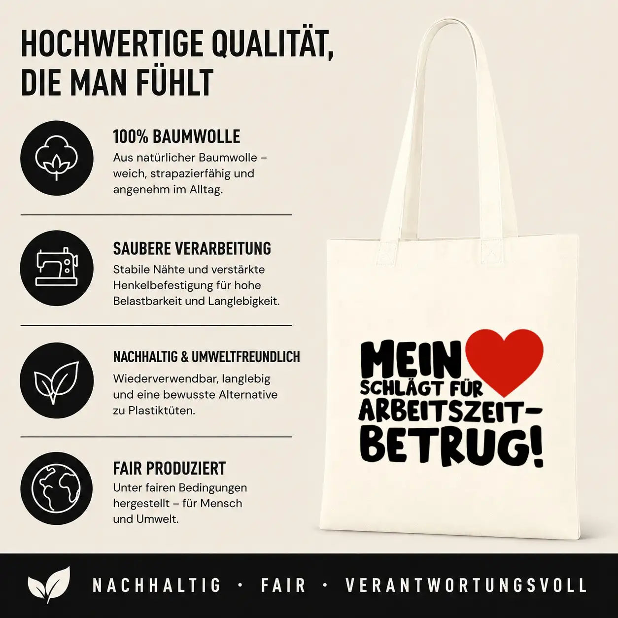 Baumwolltasche - Mein ❤ schlägt für Arbeitszeitbetrug!
