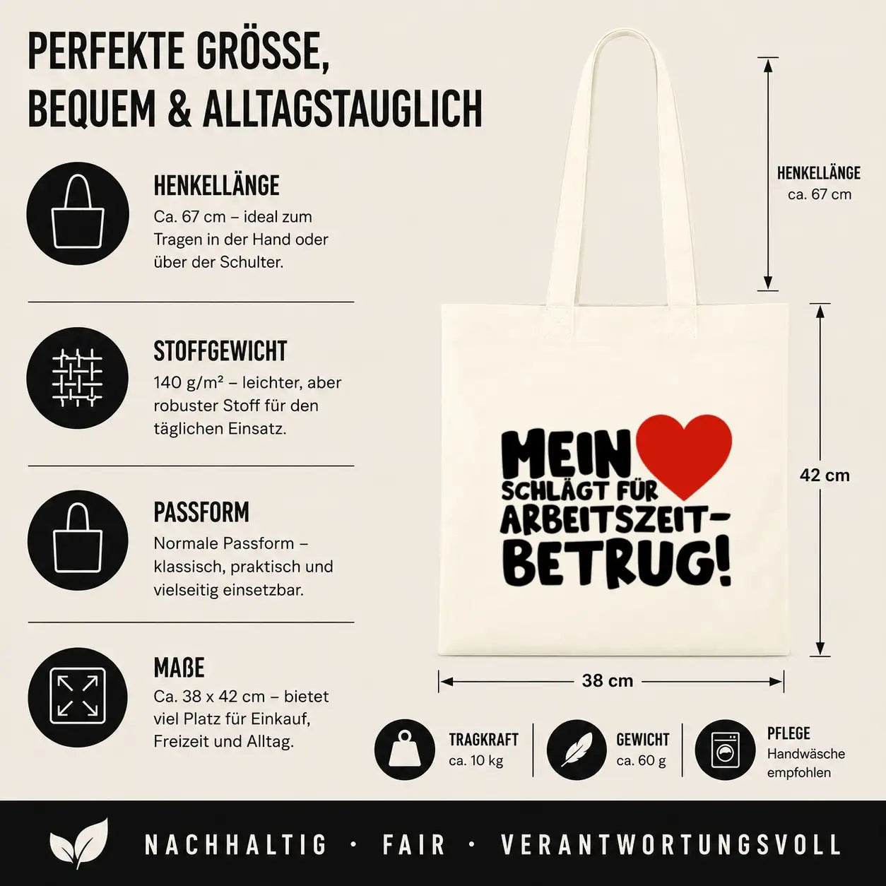 Baumwolltasche - Mein ❤ schlägt für Arbeitszeitbetrug!