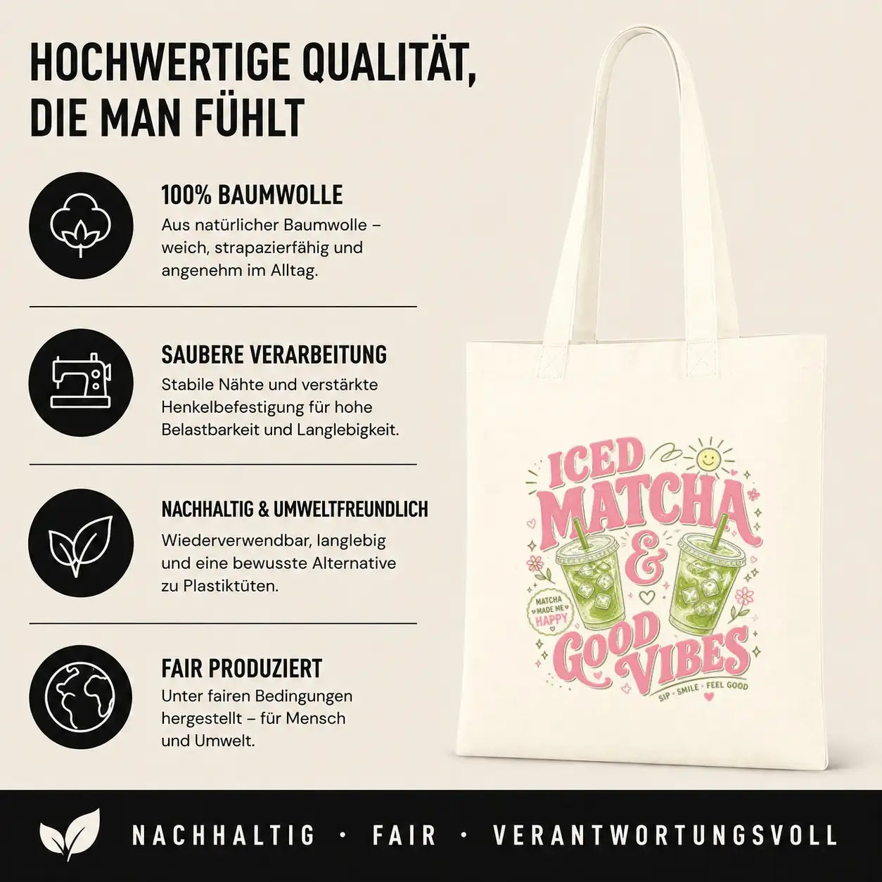 Baumwolltasche - Iced Matcha & Good Vibes Matcha made me happy Sip · Smile · Feel good