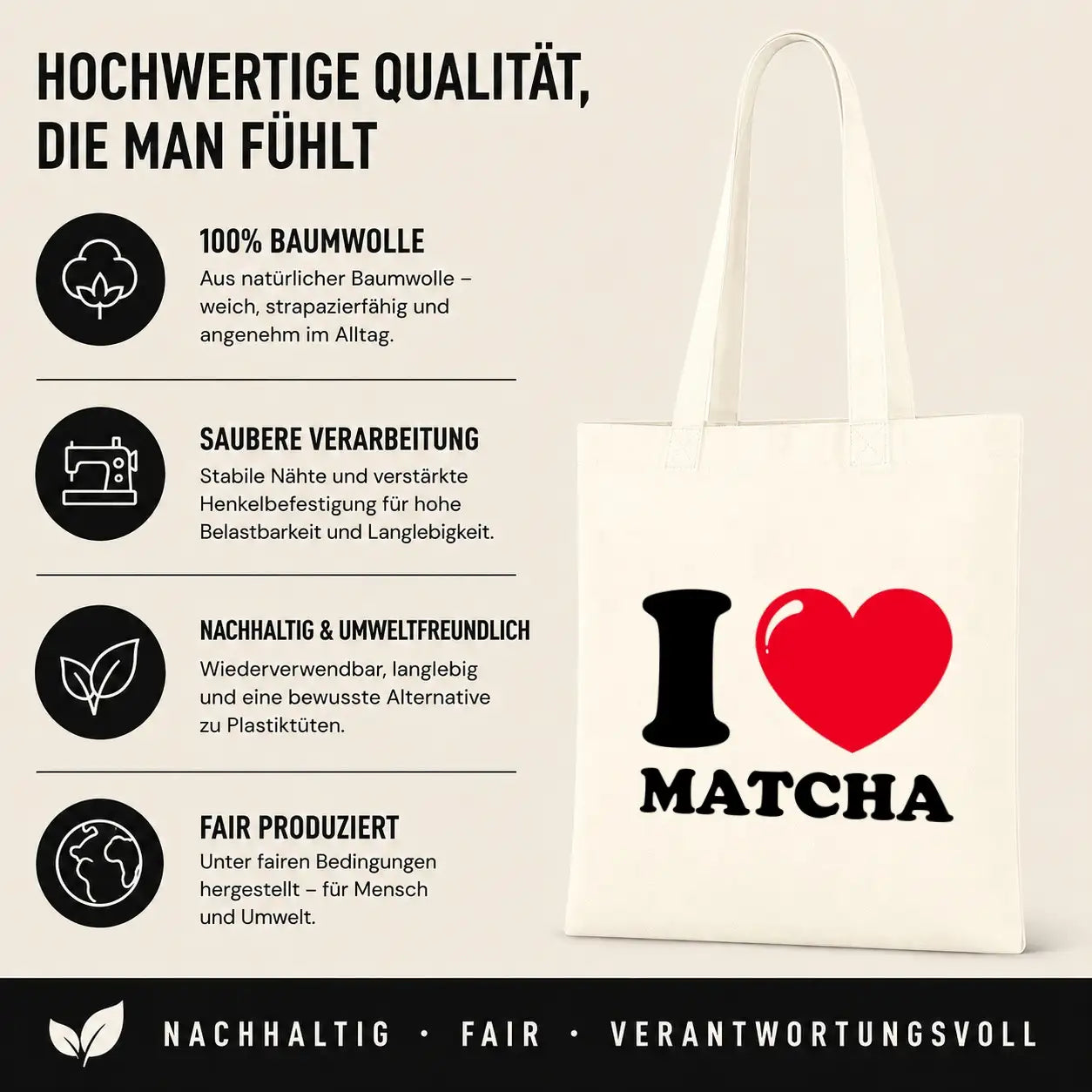 Baumwolltasche - I ❤ Matcha