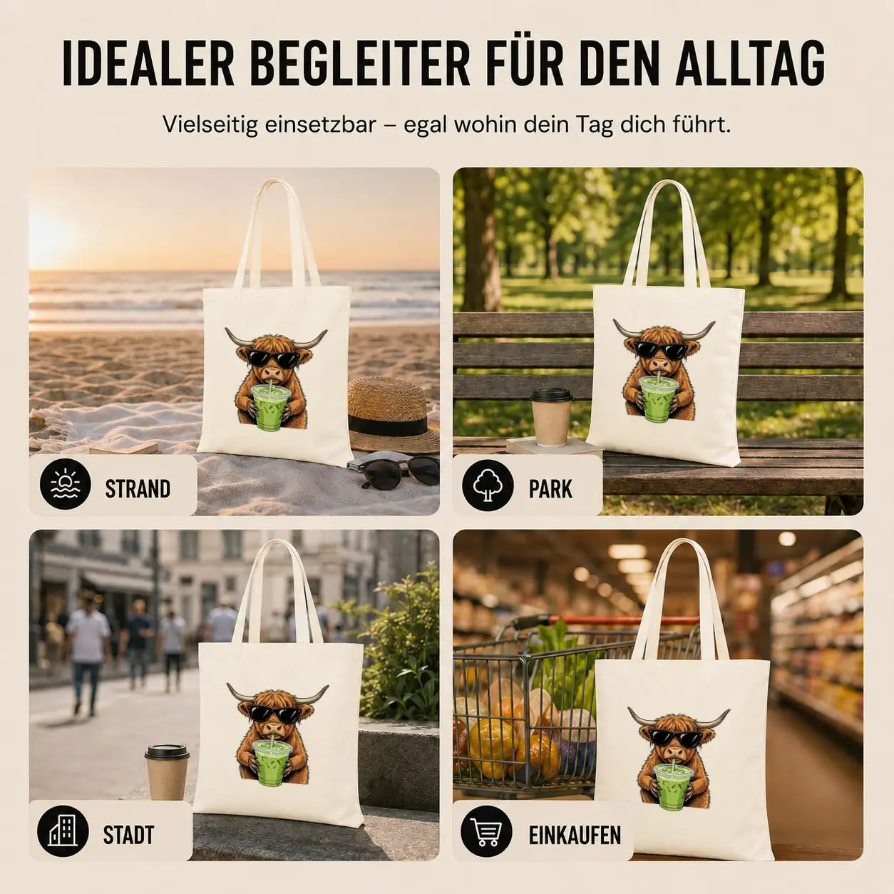 Baumwolltasche - Highland Rind mit Sonnenbrille