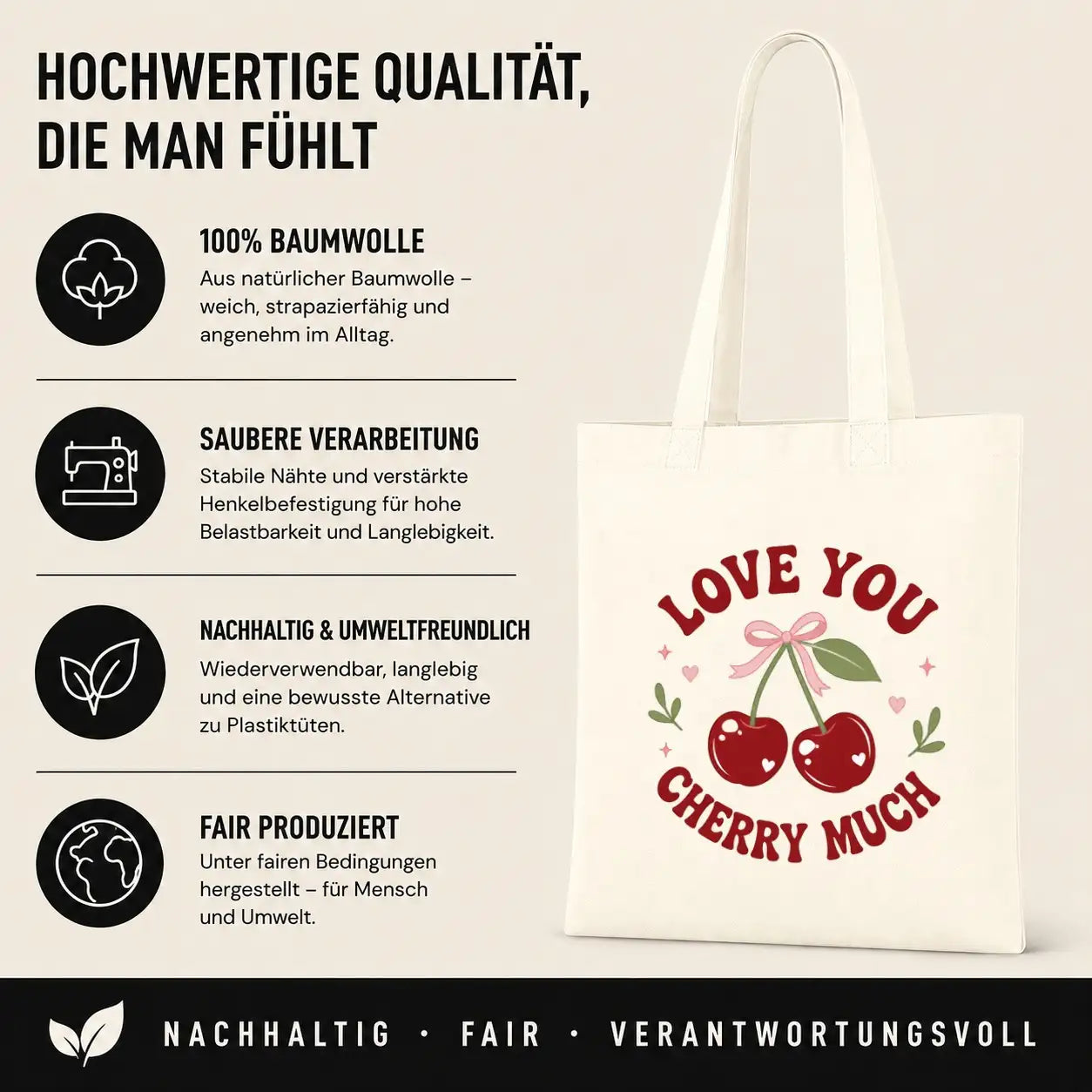 Baumwolltasche - Love You Cherry Much Motiv