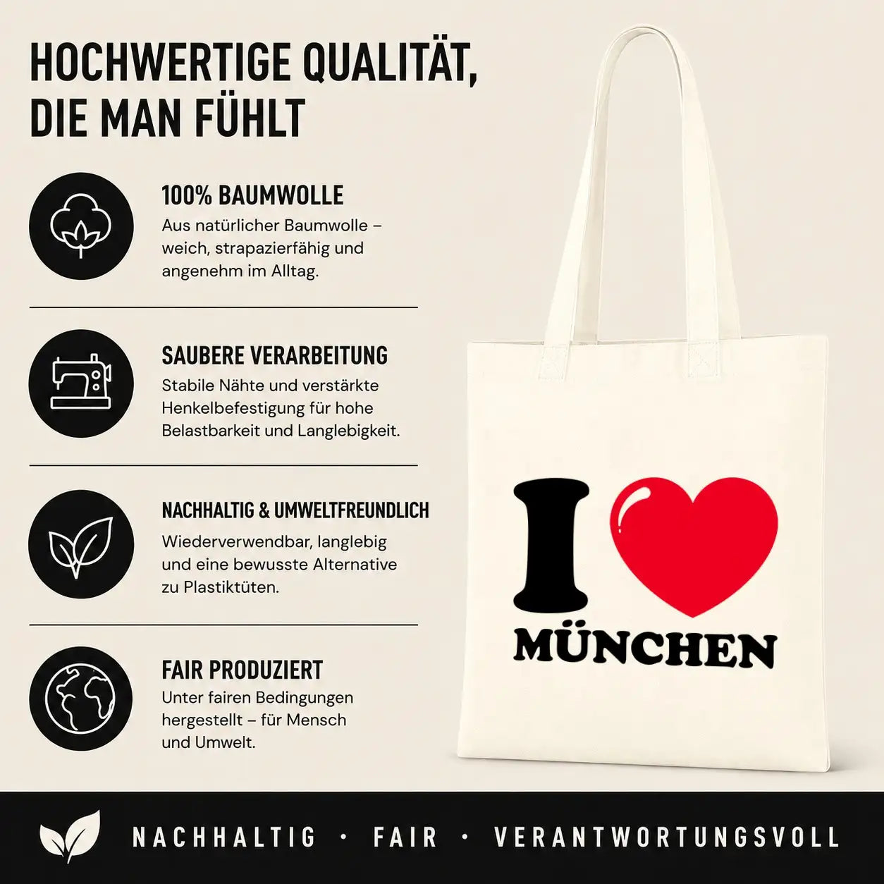 LIEBTASTISCH® Baumwolltasche mit Spruch I ❤ München - Baumwolltaschen Beutel Souvenir bedruckt - Stofftasche Shopper mit langen Henkeln für Damen - Tasche - {FARBE}