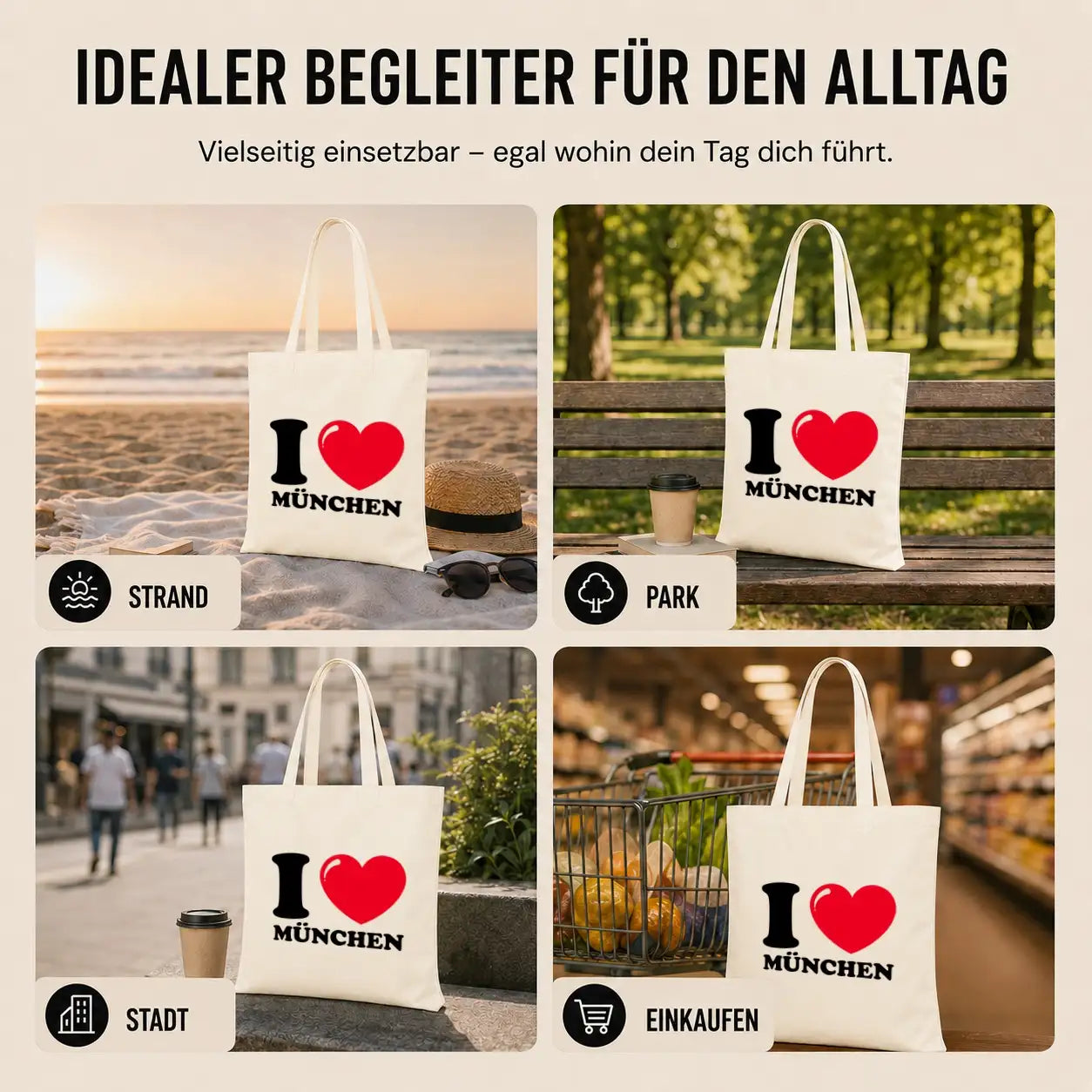 LIEBTASTISCH® Baumwolltasche mit Spruch I ❤ München - Baumwolltaschen Beutel Souvenir bedruckt - Stofftasche Shopper mit langen Henkeln für Damen - Tasche - {FARBE}