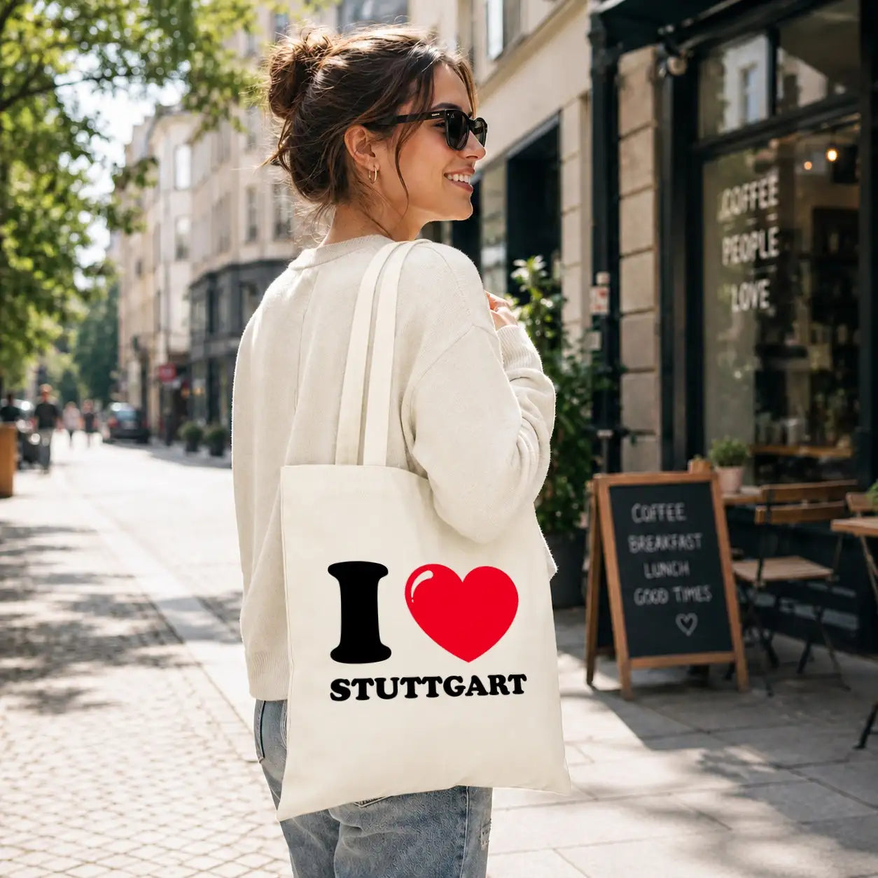 LIEBTASTISCH® Baumwolltasche I ❤ Stuttgart - Einkaufsbeutel bedruckt mit langem Henkel - Stofftasche Beutel für Damen Herren - Schwarz - Groß - Erzieherin - {FARBE}