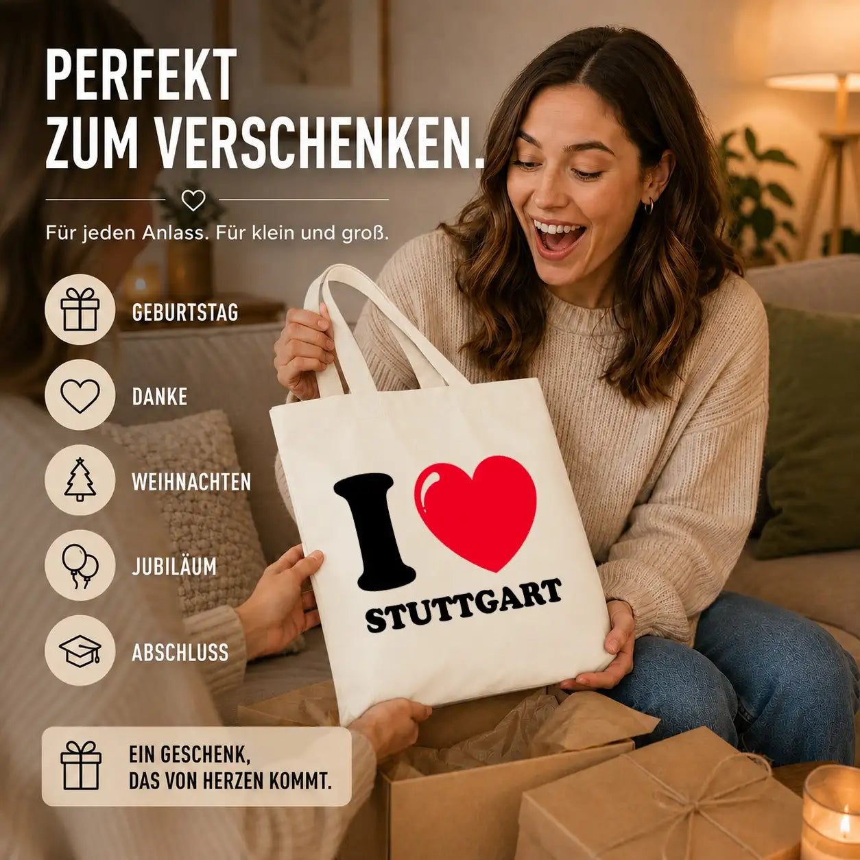 LIEBTASTISCH® Baumwolltasche I ❤ Stuttgart - Einkaufsbeutel bedruckt mit langem Henkel - Stofftasche Beutel für Damen Herren - Schwarz - Groß - Erzieherin - {FARBE}