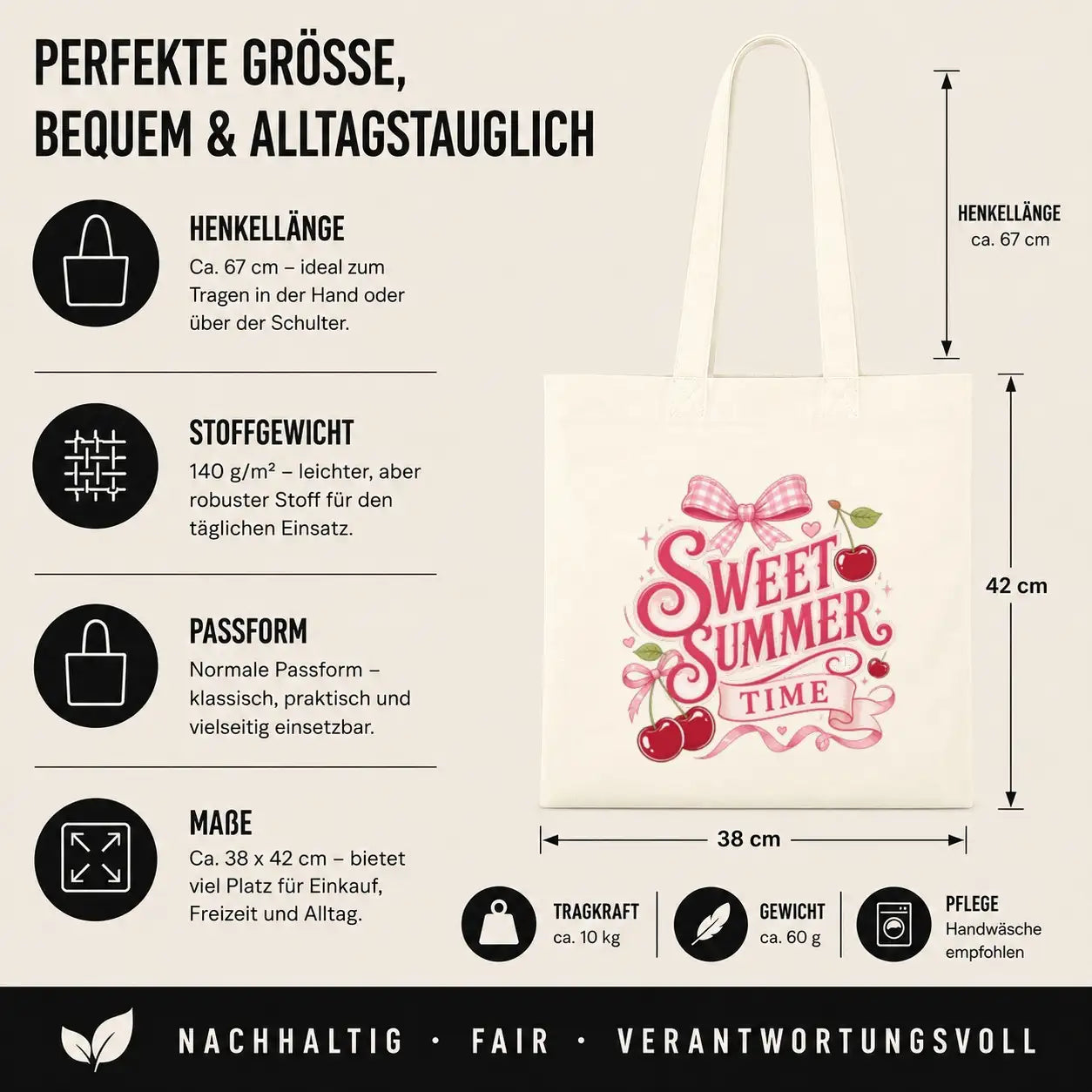 Baumwolltasche - Sweet Summer Time mit Kirschen und Schleife