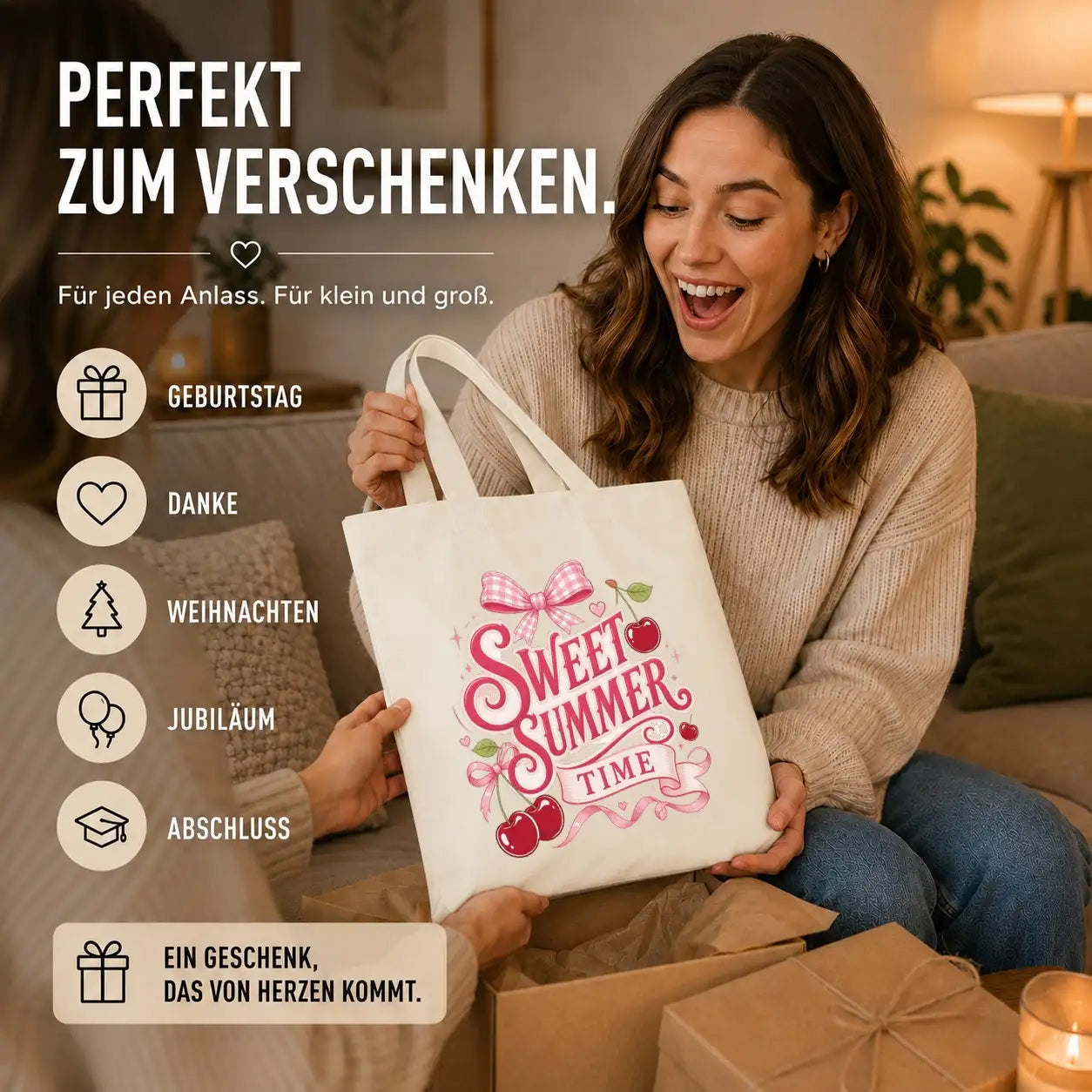 Baumwolltasche - Sweet Summer Time mit Kirschen und Schleife