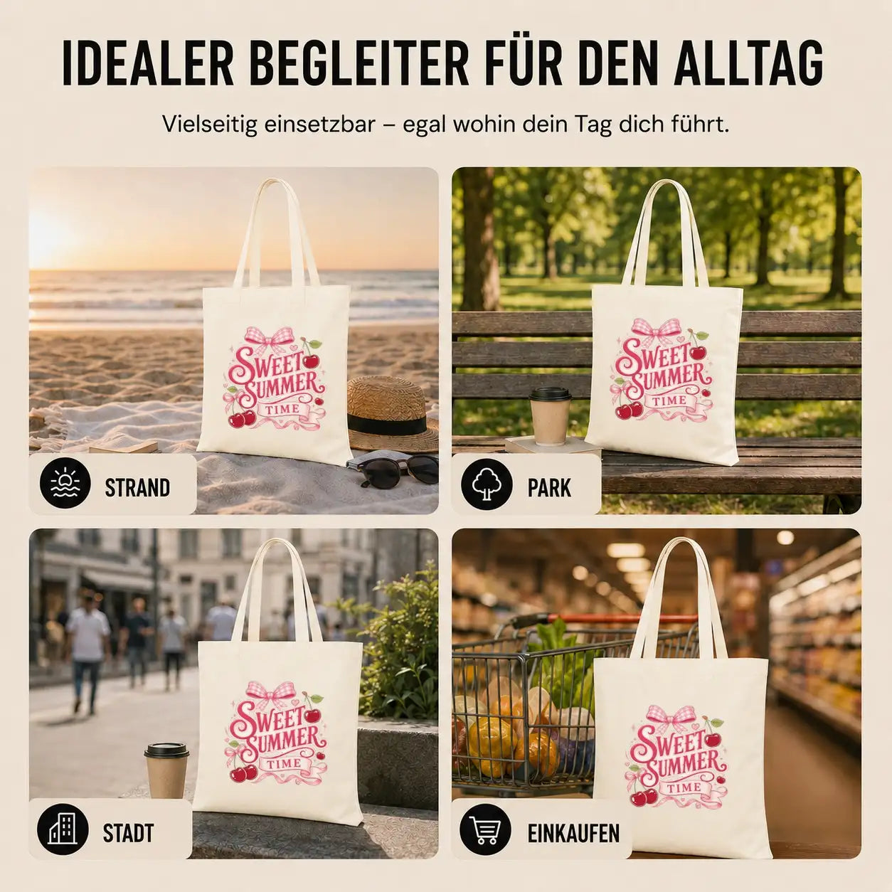 Baumwolltasche - Sweet Summer Time mit Kirschen und Schleife