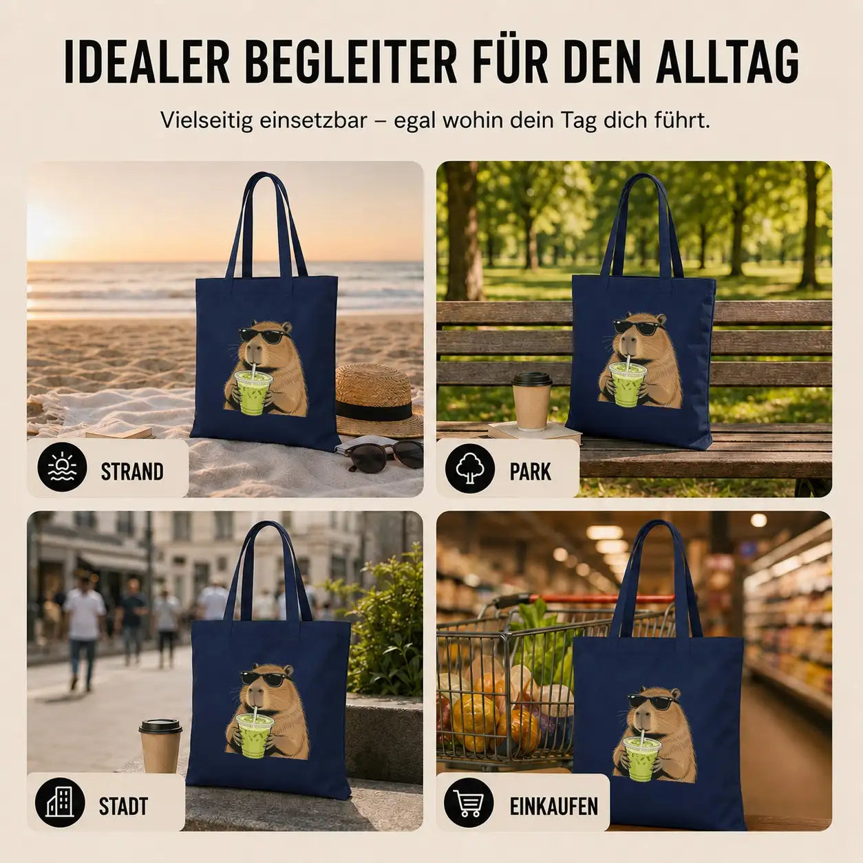 Baumwolltasche - Capybara mit Matcha Getränk