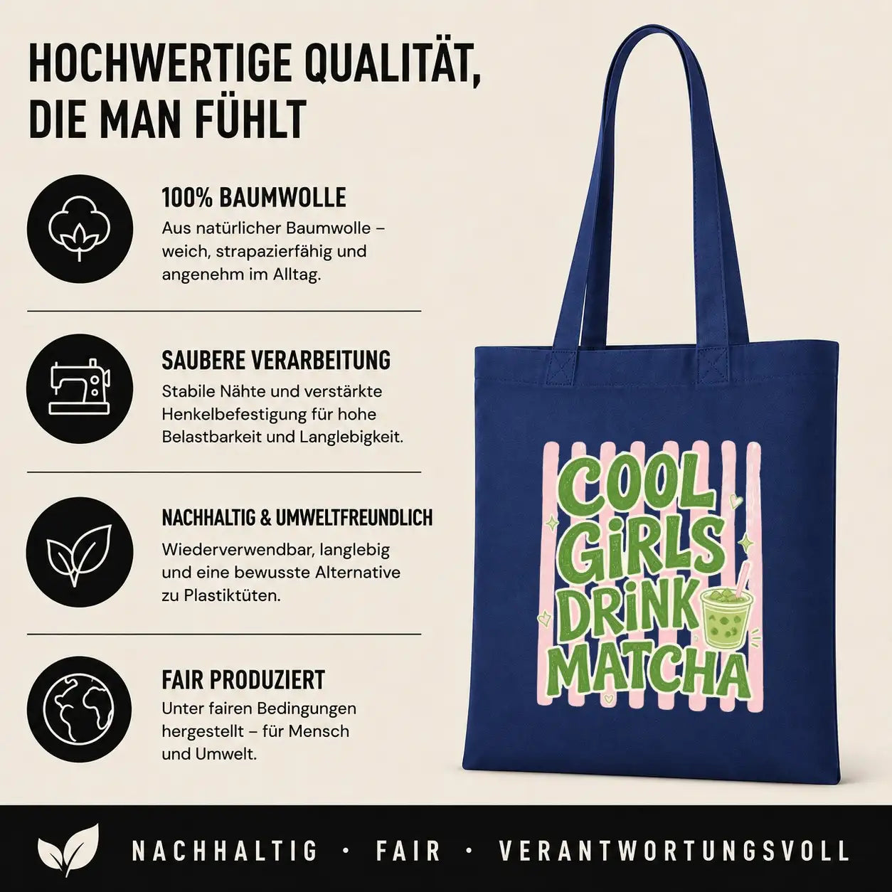 Baumwolltasche Navy - Cool Girls Drink Matcha Motiv